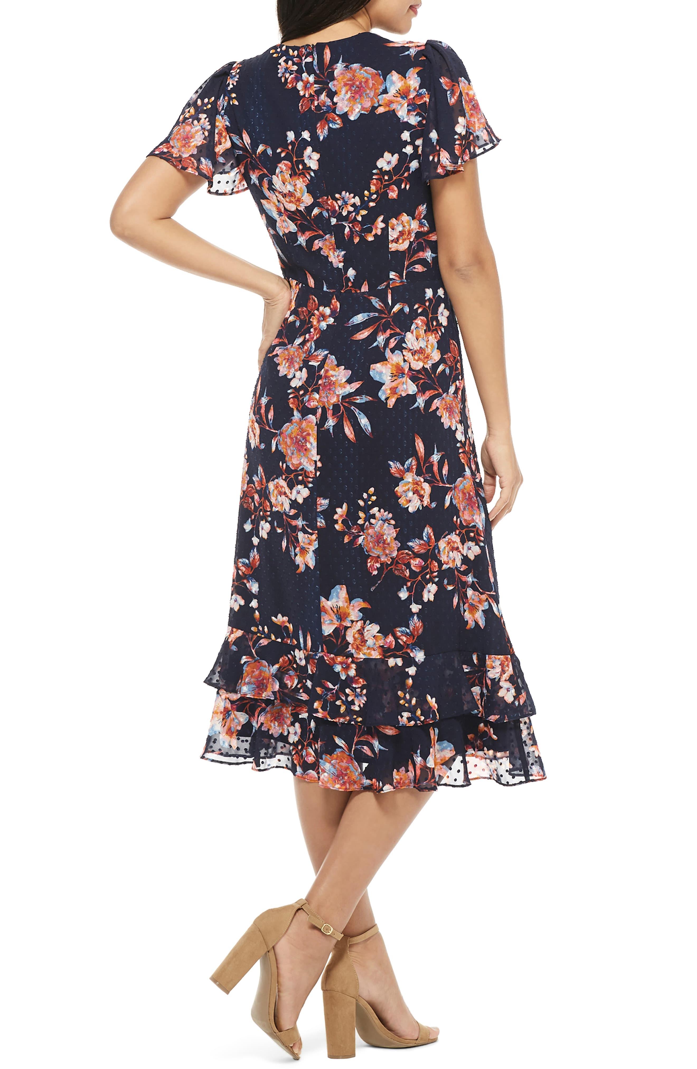 Maggy London Chiffon Amelia Floral Print Swiss Dot Midi Dress in Navy