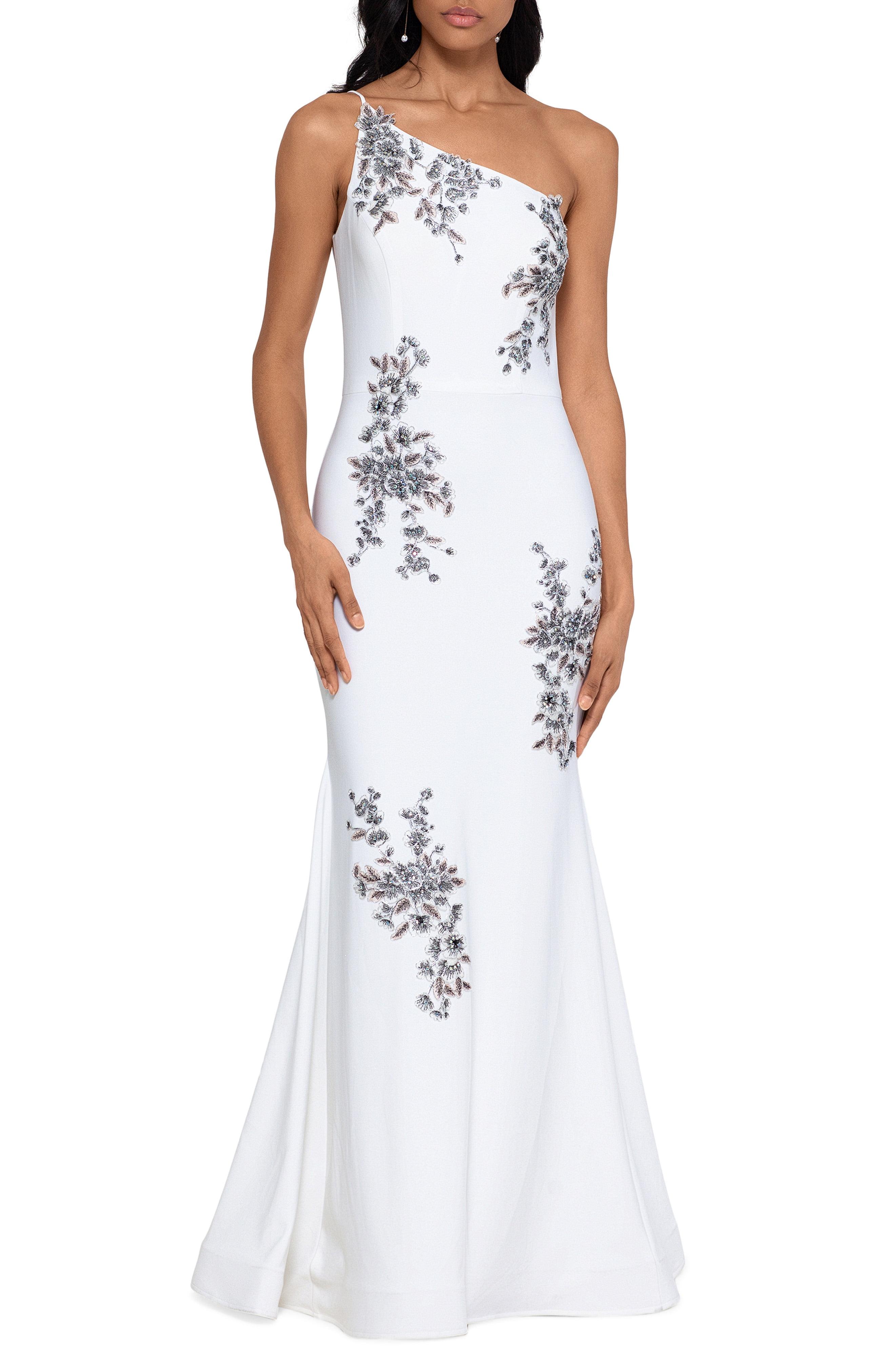 Xscape Beaded Embroidery Oneshoulder Trumpet Gown in Ivory/ Blush