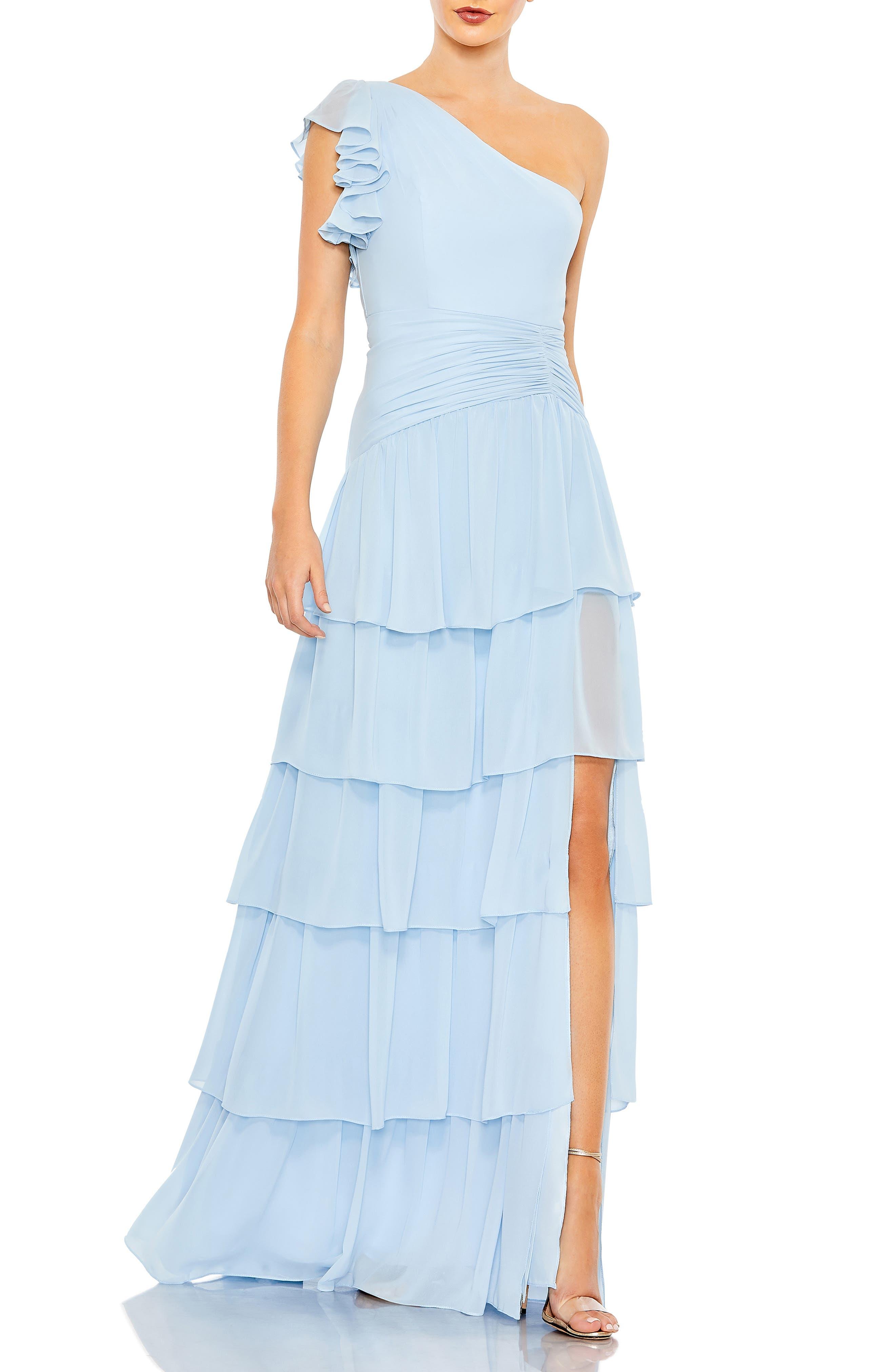 Ieena for Mac Duggal Tiered One-shoulder Chiffon Gown in Blue | Lyst