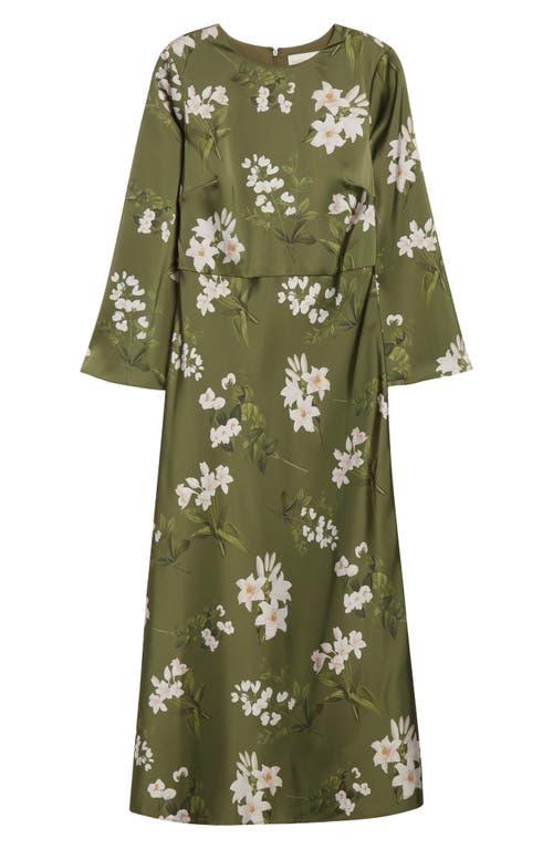 emerald green silk dress long sleeve Makaela Puff Sleeve Floral Satin Midi Dress
