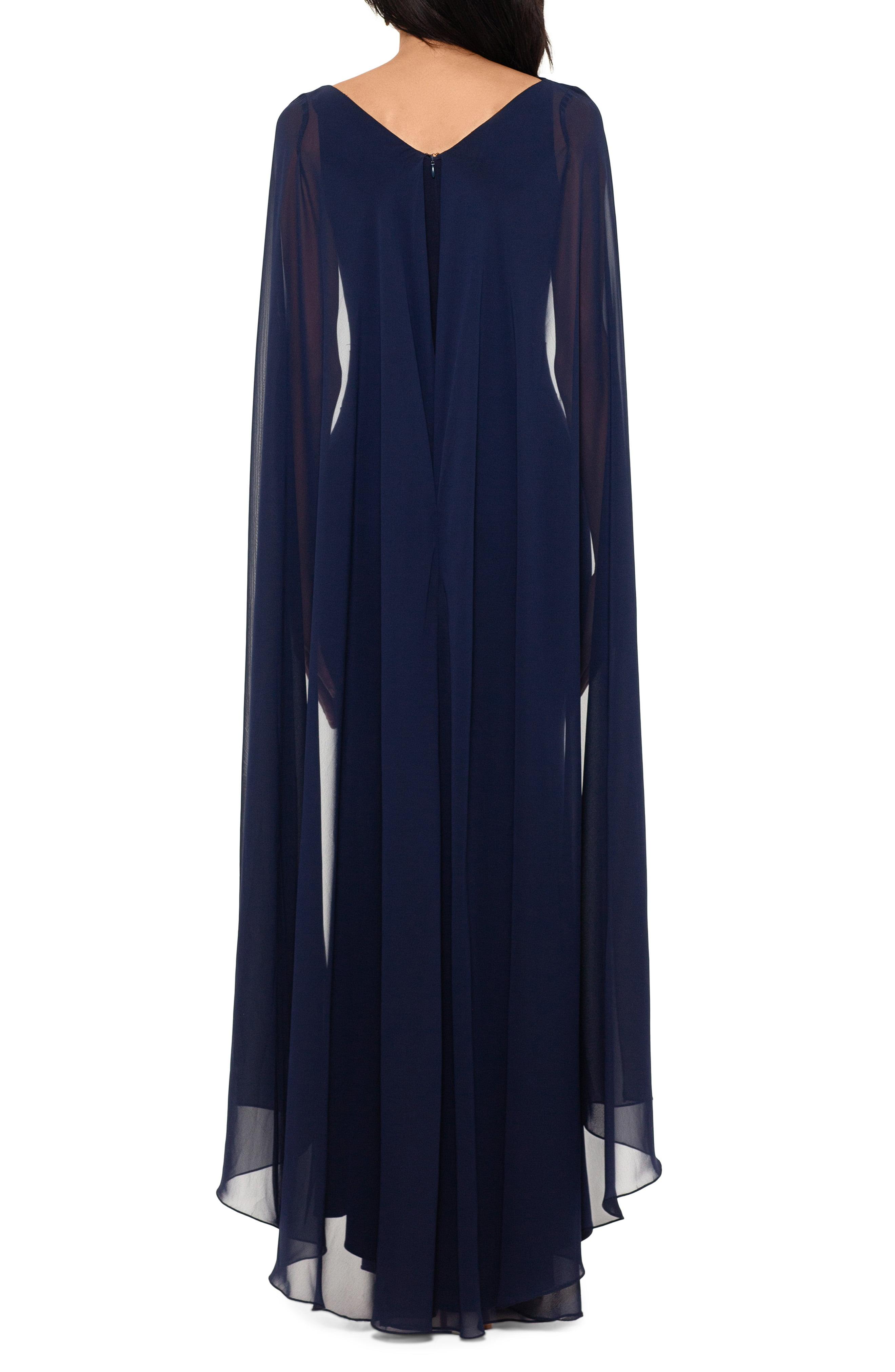 betsy and adam chiffon cape gown