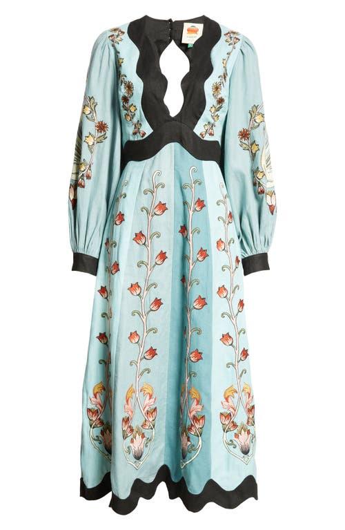 FARM Rio Floral Embroidered Long Sleeve Cutout Linen Midi Dress in Blue |  Lyst