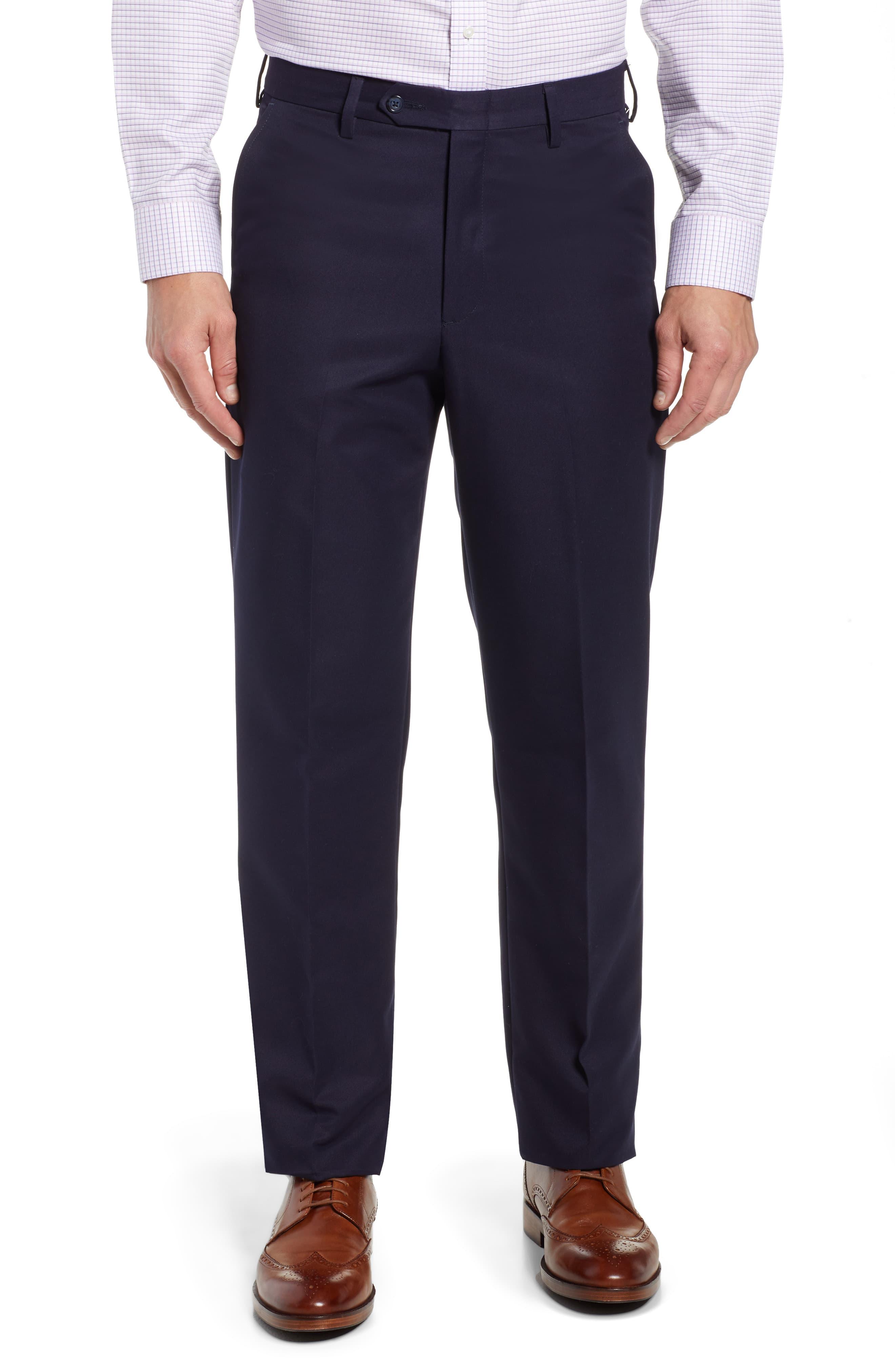 Berle Classic Fit Flat Front Microfiber Performance Trousers in Navy ...