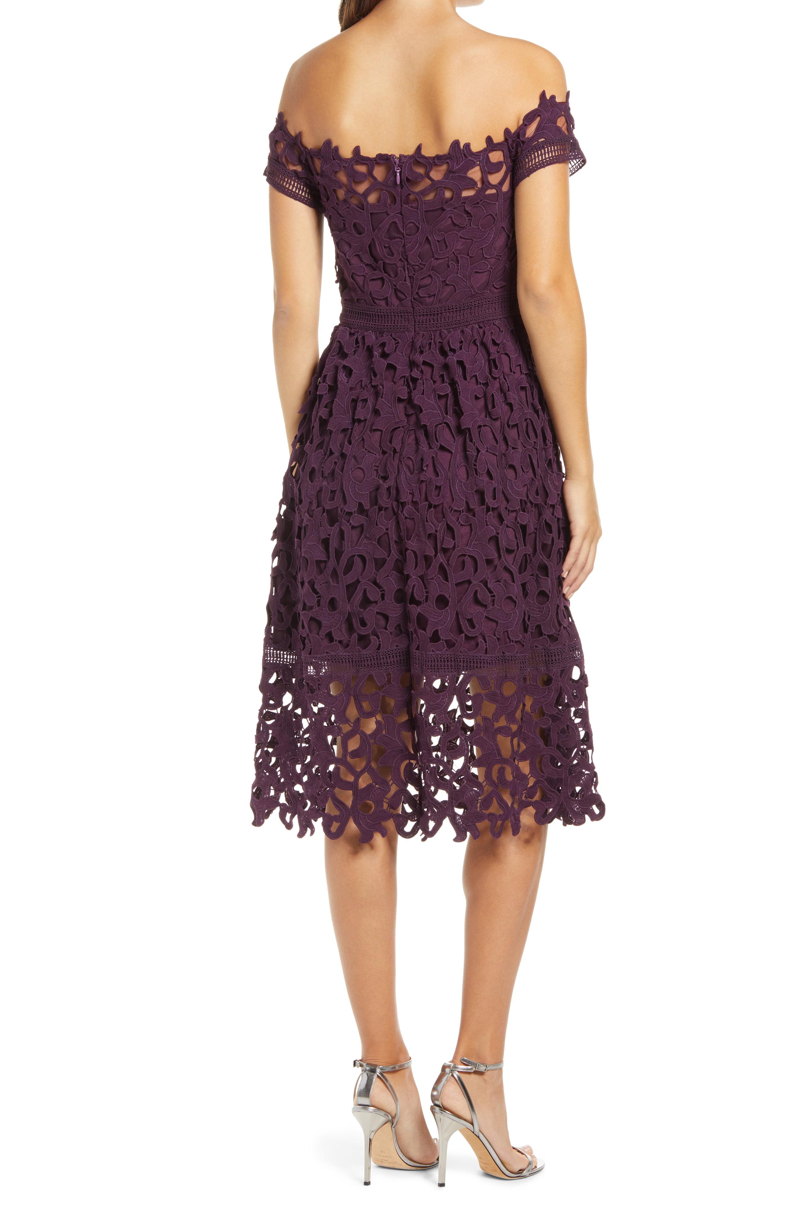 Chi Chi London Lizana Off The Shoulder Lace Fit & Flare Dress in Purple |  Lyst