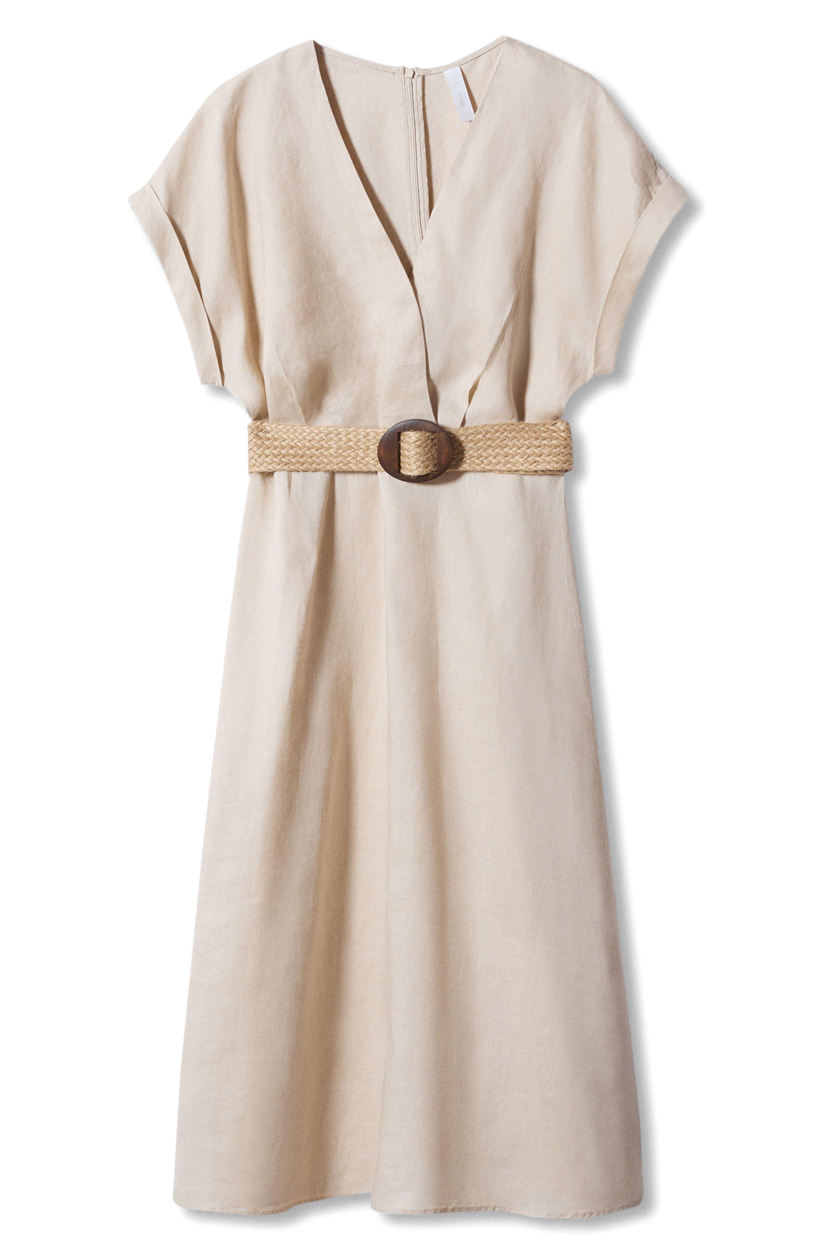 Mango Belted Linen A-line Dress in Natural | Lyst
