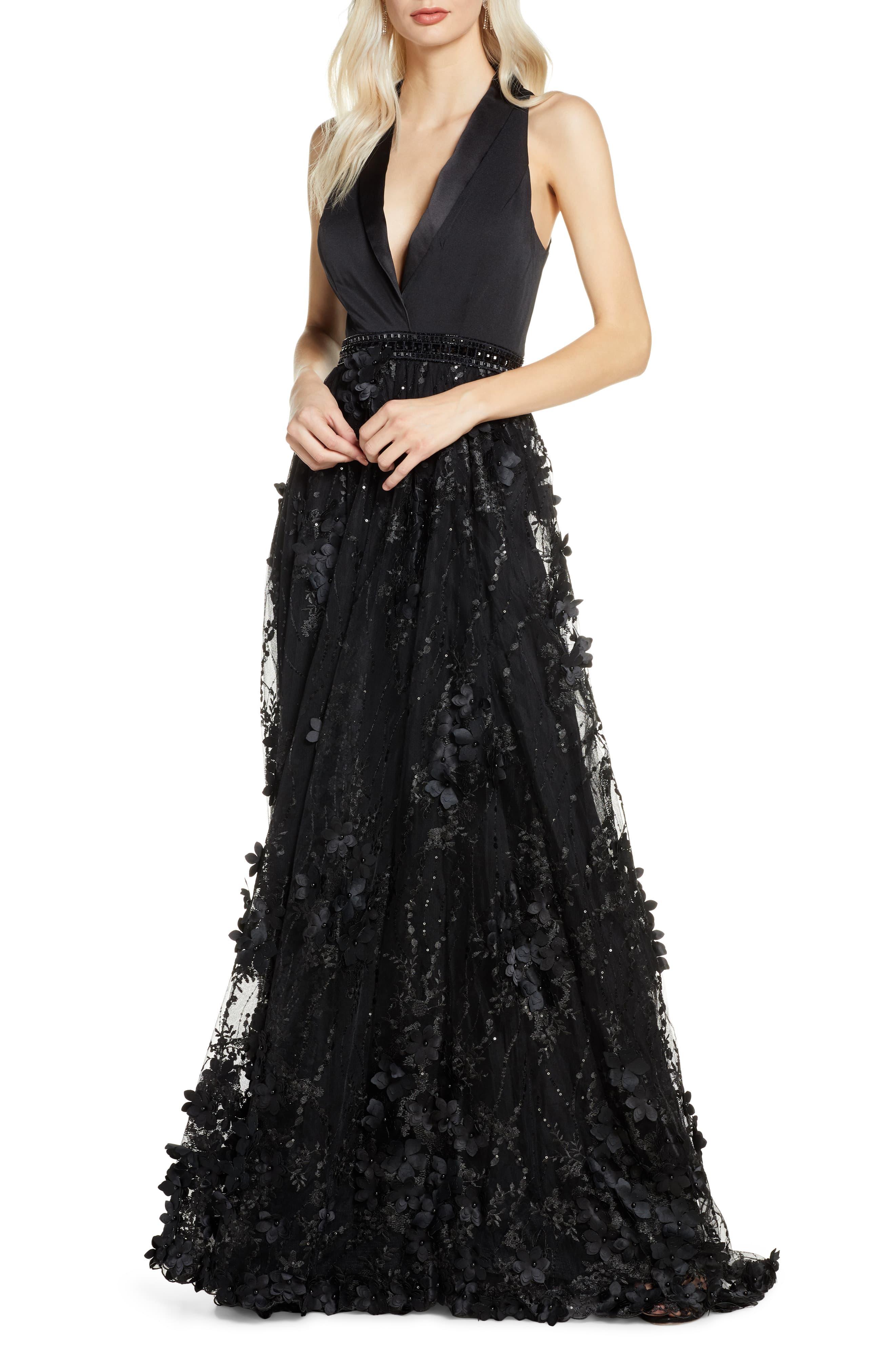 mac duggal embellished mesh gown