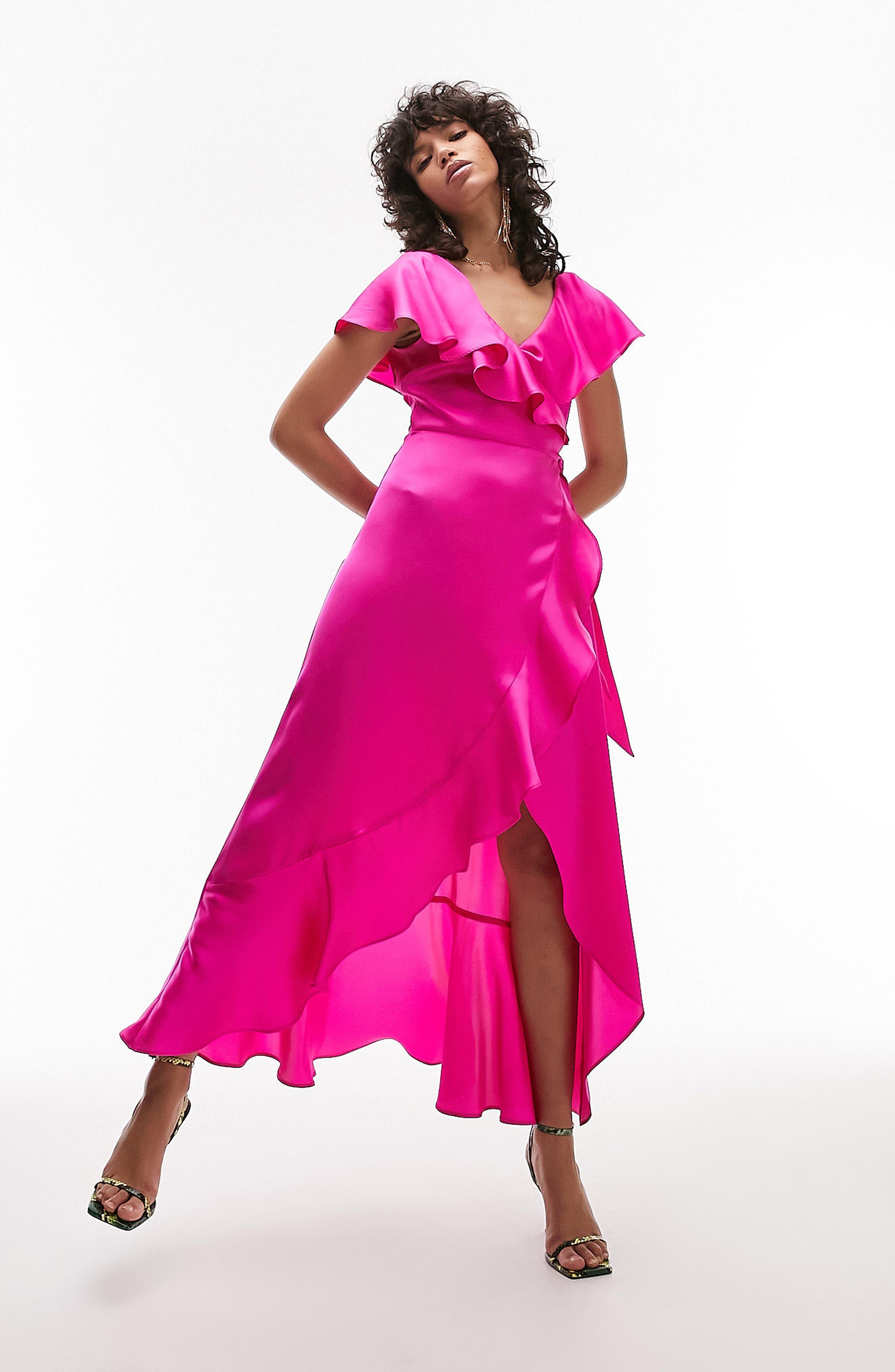 TOPSHOP Ruffle Satin Wrap Maxi Dress in Pink | Lyst