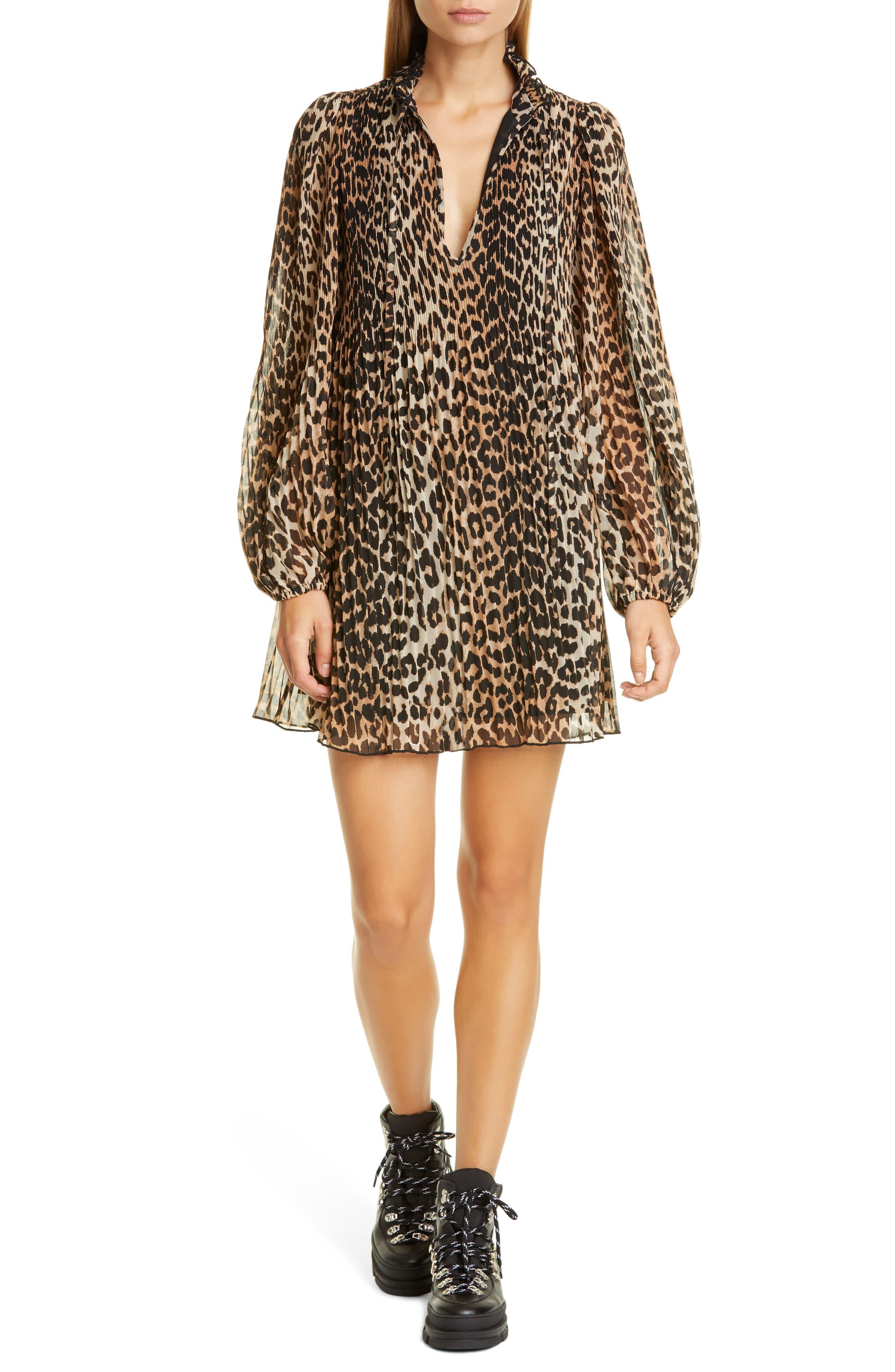 Ganni Leopard Print Pleated Georgette Long Sleeve Minidress - Lyst