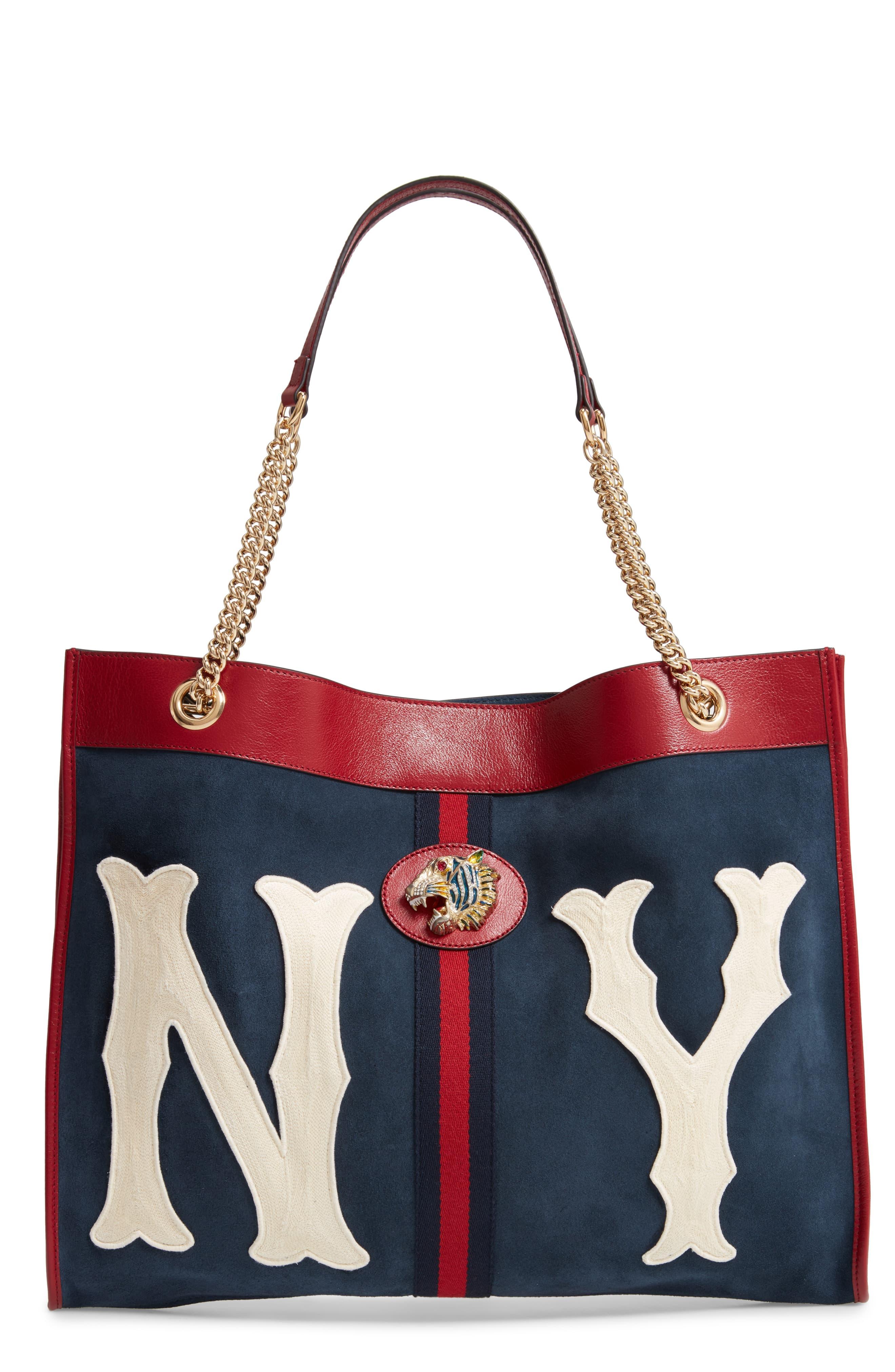 Gucci Rajah Ny Yankees Large Suede & Leather Tote in Blue | Lyst