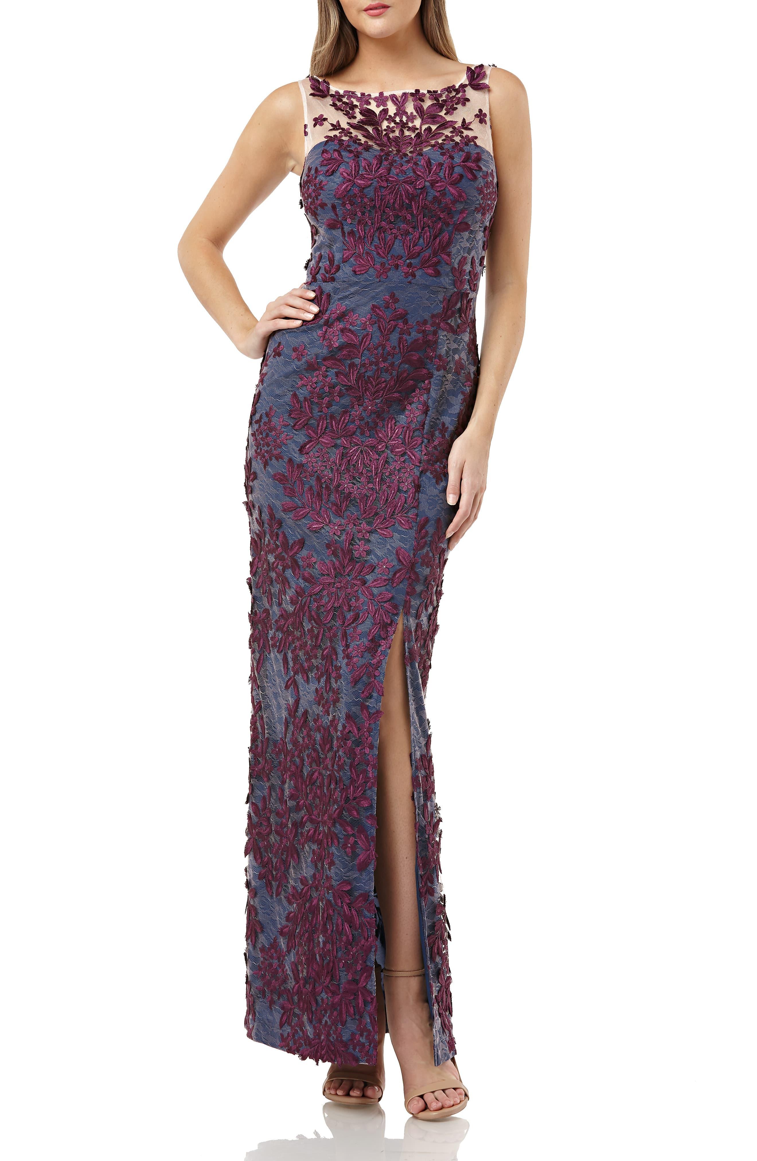 js collections embroidered ruffle drape column gown