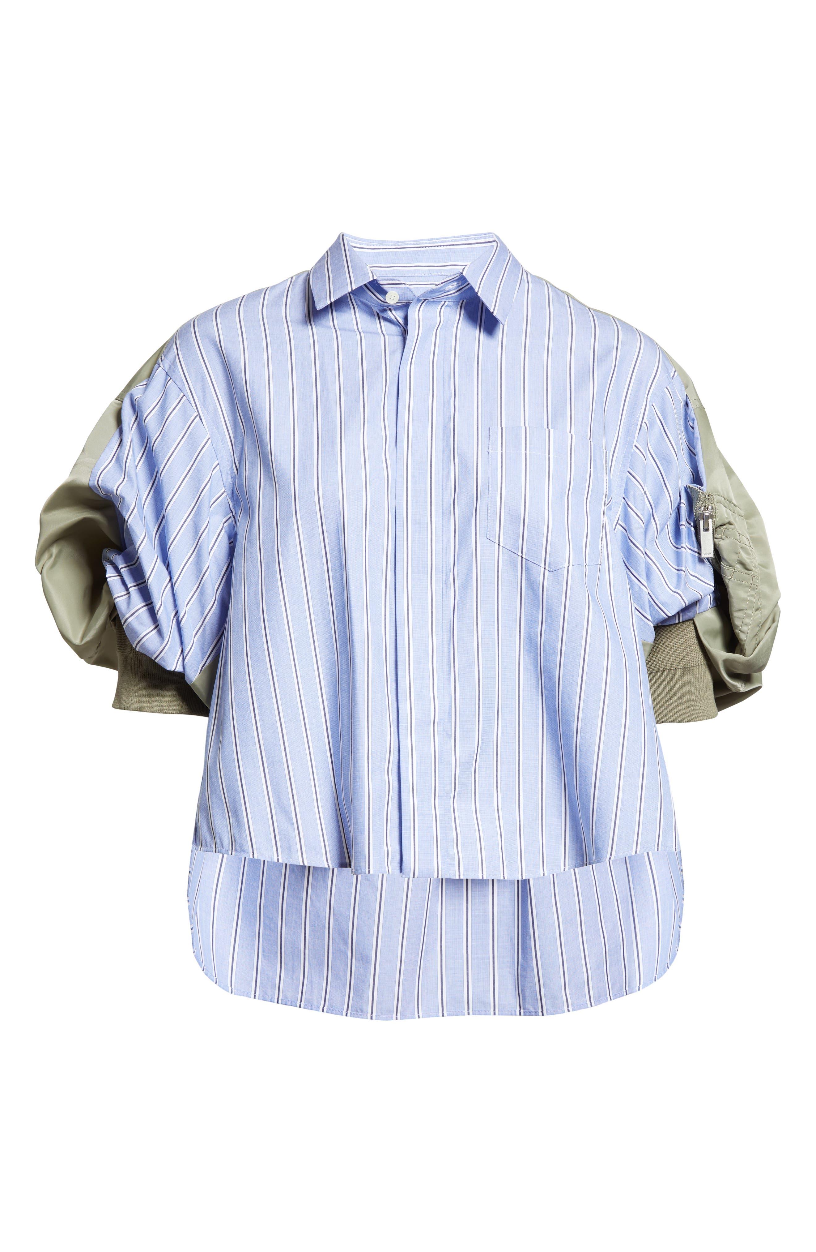 Sacai Mixed Media Stripe Puff Sleeve Cotton Poplin & Nylon Shirt