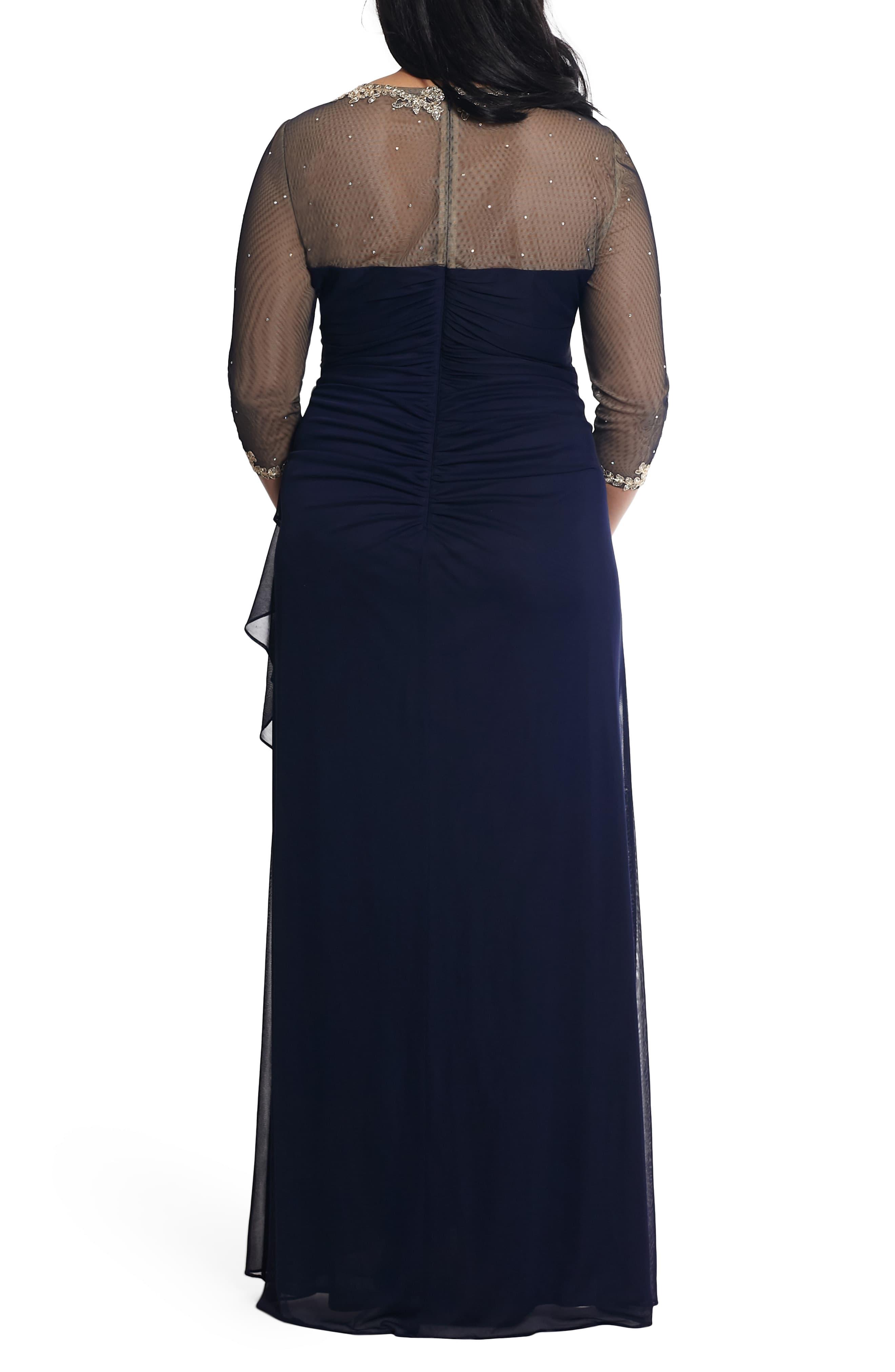 xscape beaded cap sleeve illusion neck ruched gown