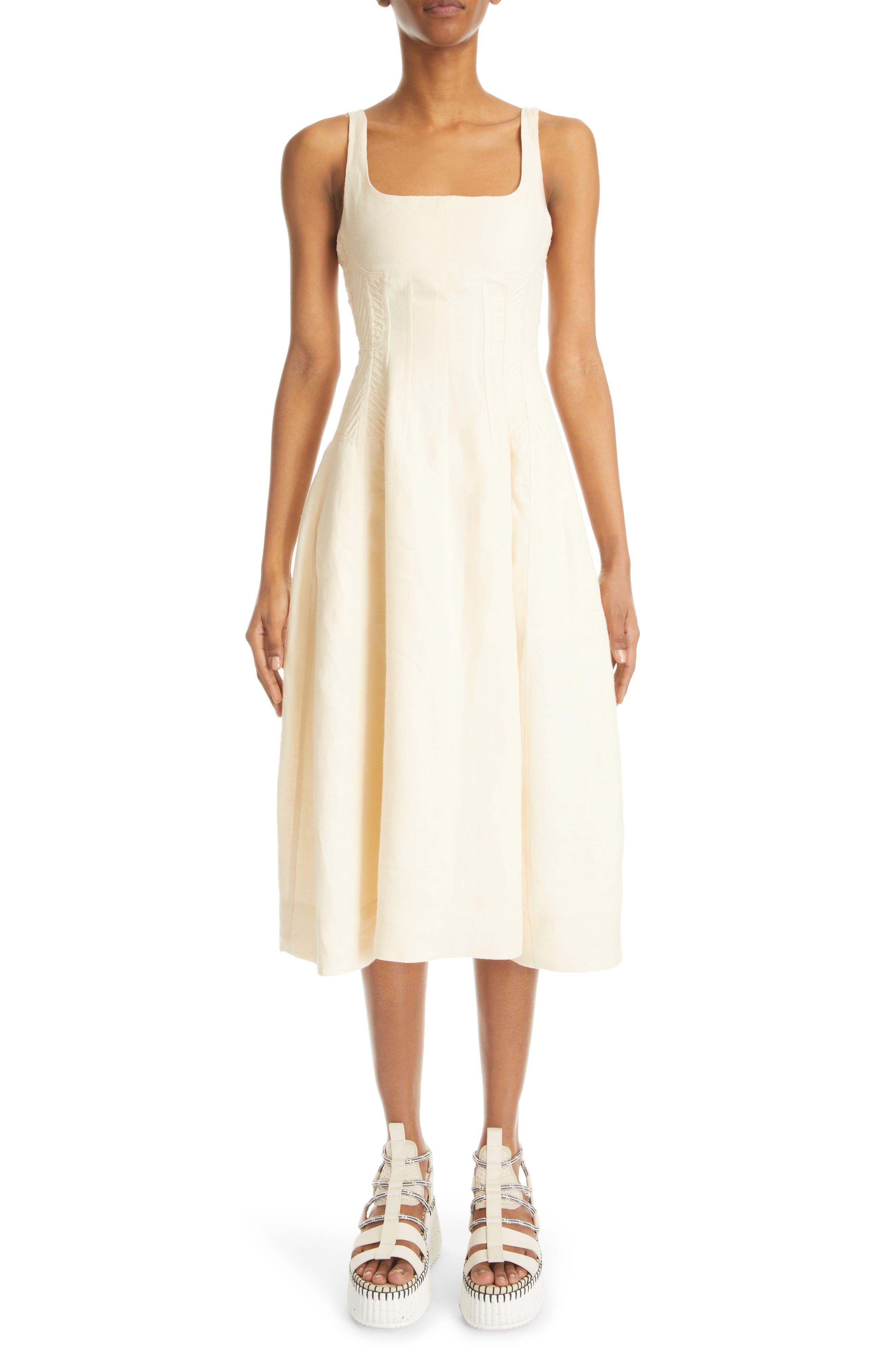 Chloé Vertical Dart Linen Midi Dress in White Lyst