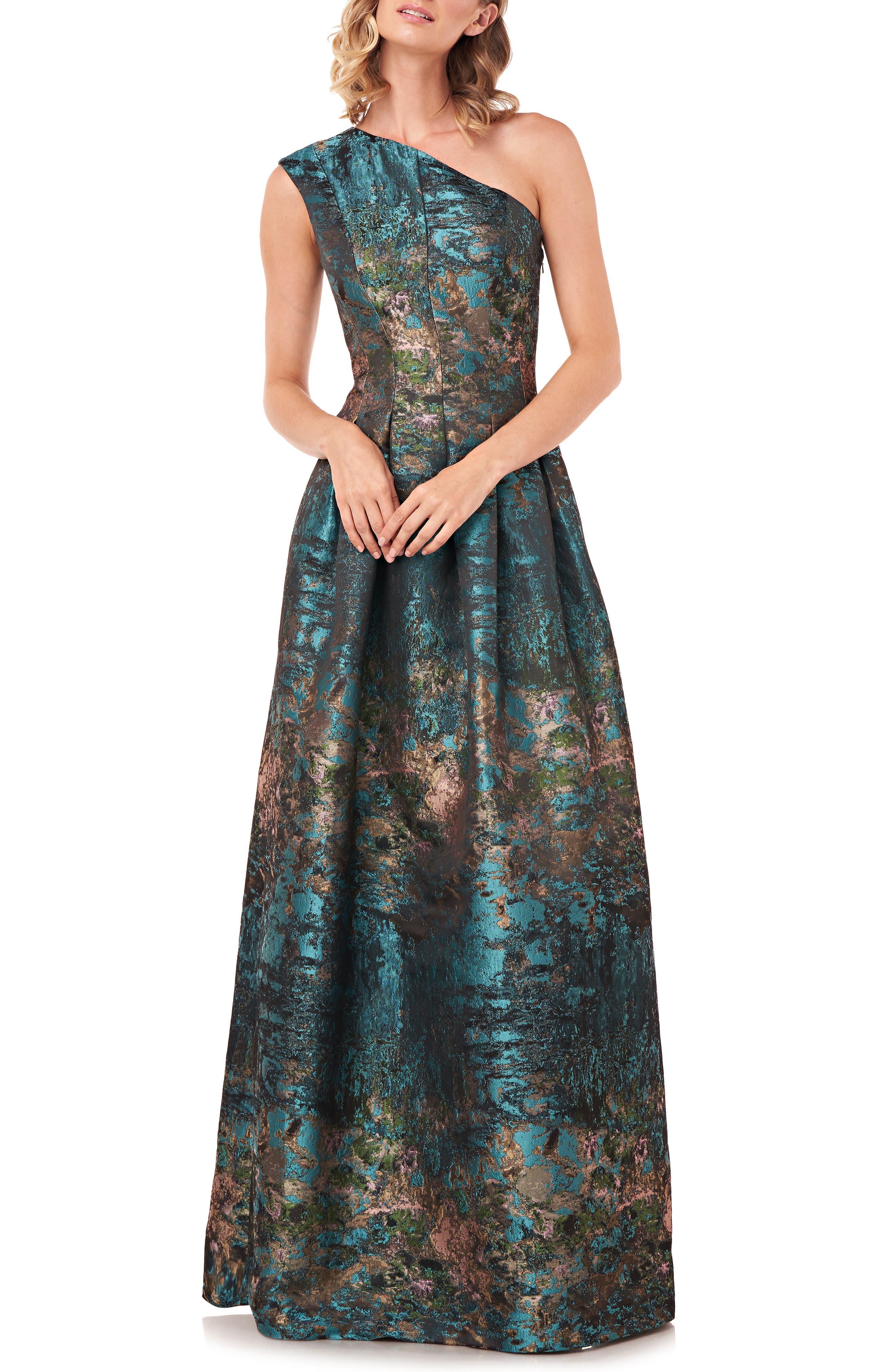Kay Unger Cara Metallic Jacquard One-shoulder Gown | Lyst