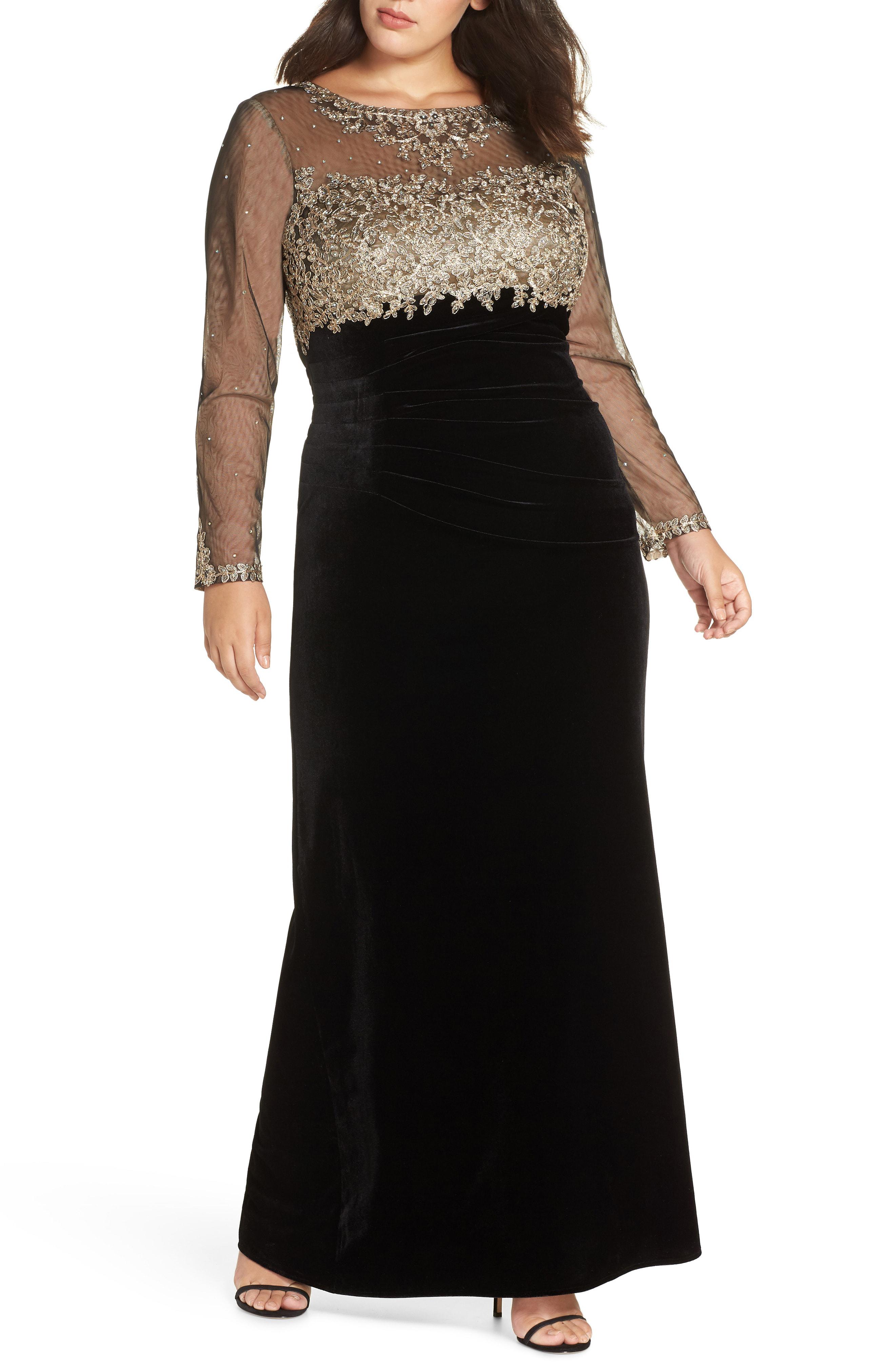 xscape plus size embroidered gown