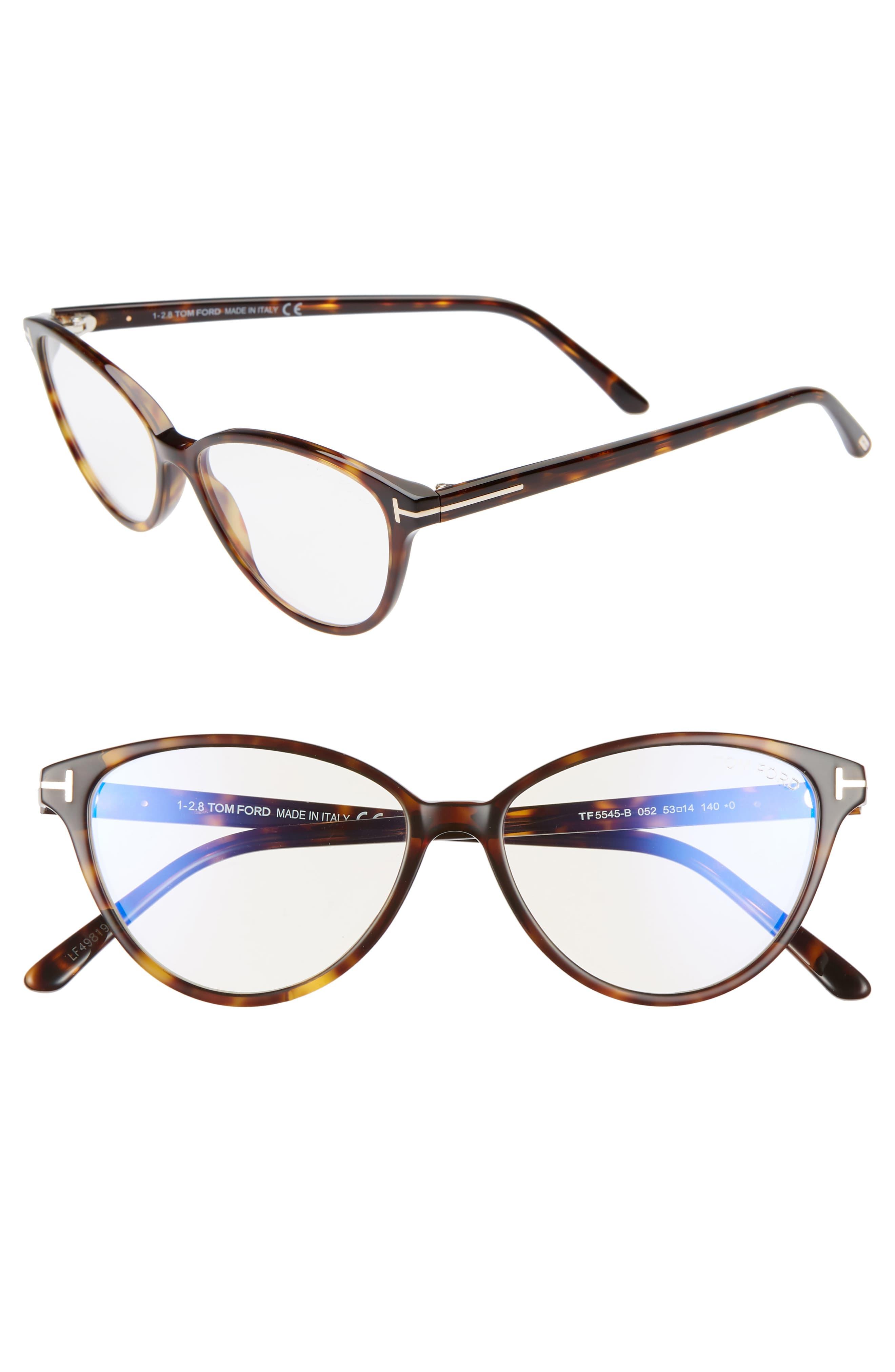 Tom Ford 53mm Cat Eye Blue Light Blocking Optical Glasses Dark Havana