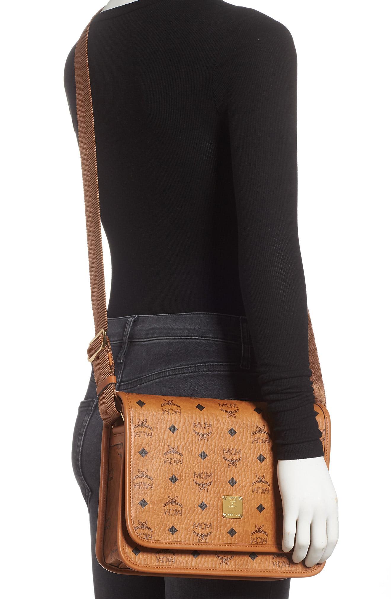 MCM Canvas Klassik Small Visetos Messenger Crossbody Bag in Cognac