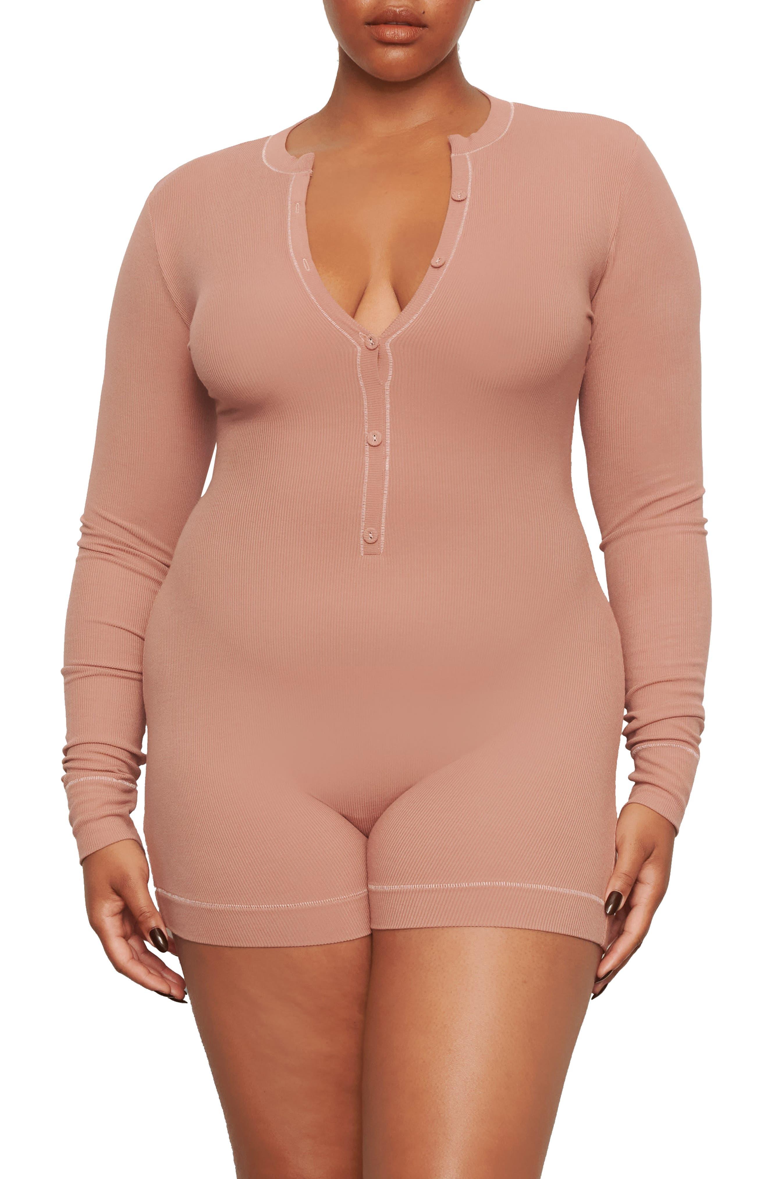Skims Soft Lounge Long Sleeve Henley Romper in Pink