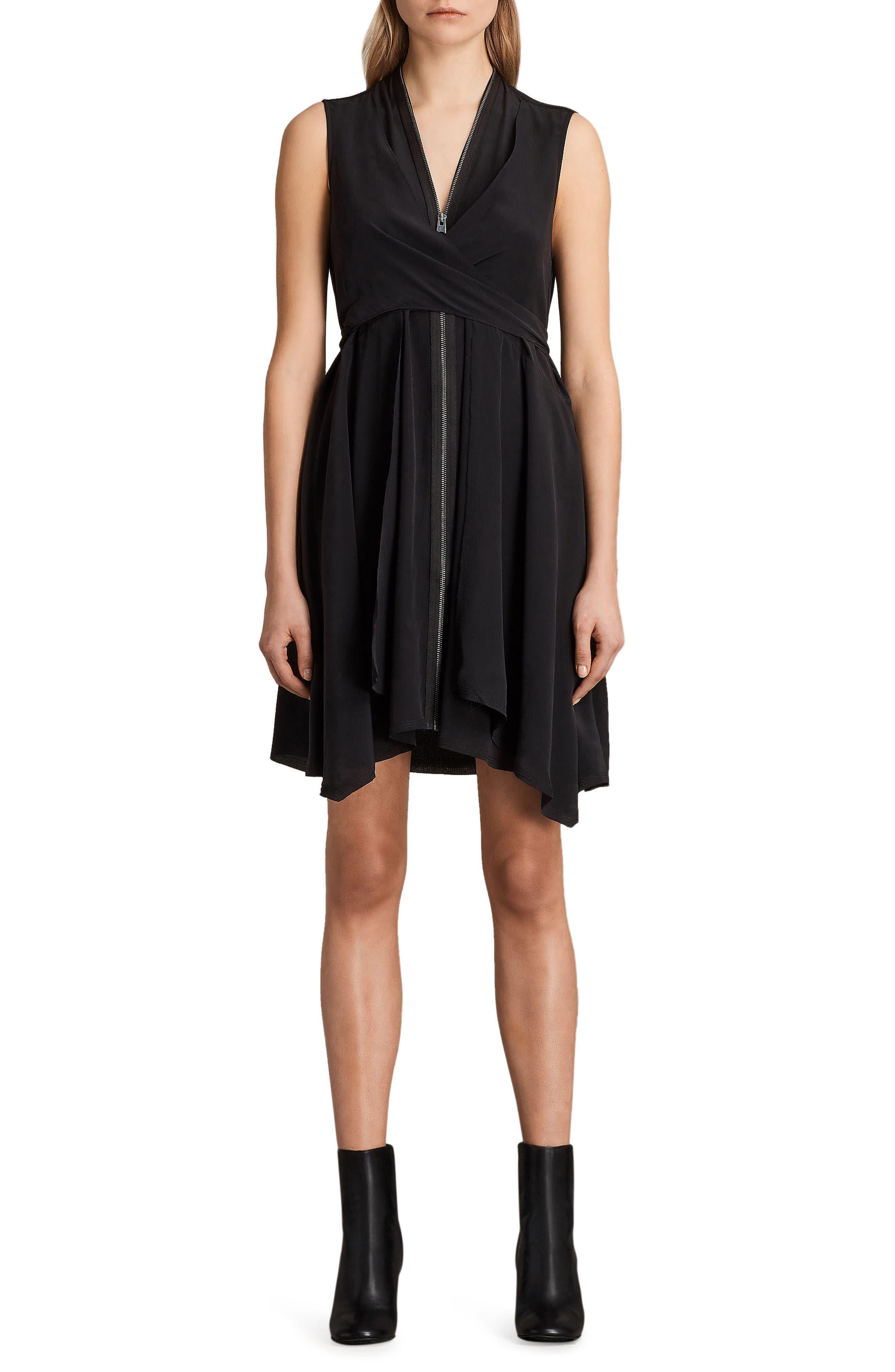 AllSaints Jayda Zip Front Silk Dress in Black Lyst