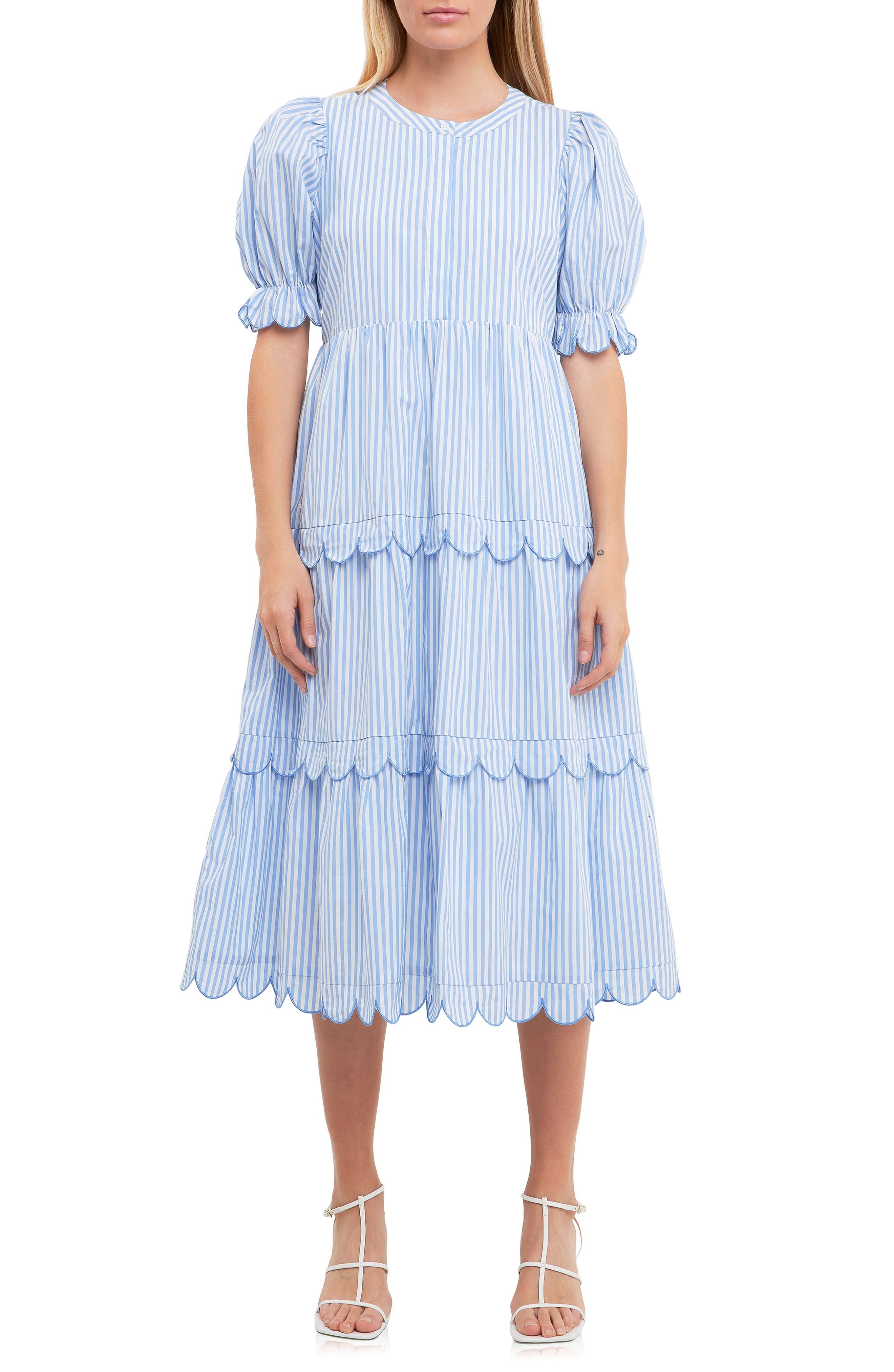 English Factory Stripe Scallop Edge Tiered Midi Dress in Blue | Lyst