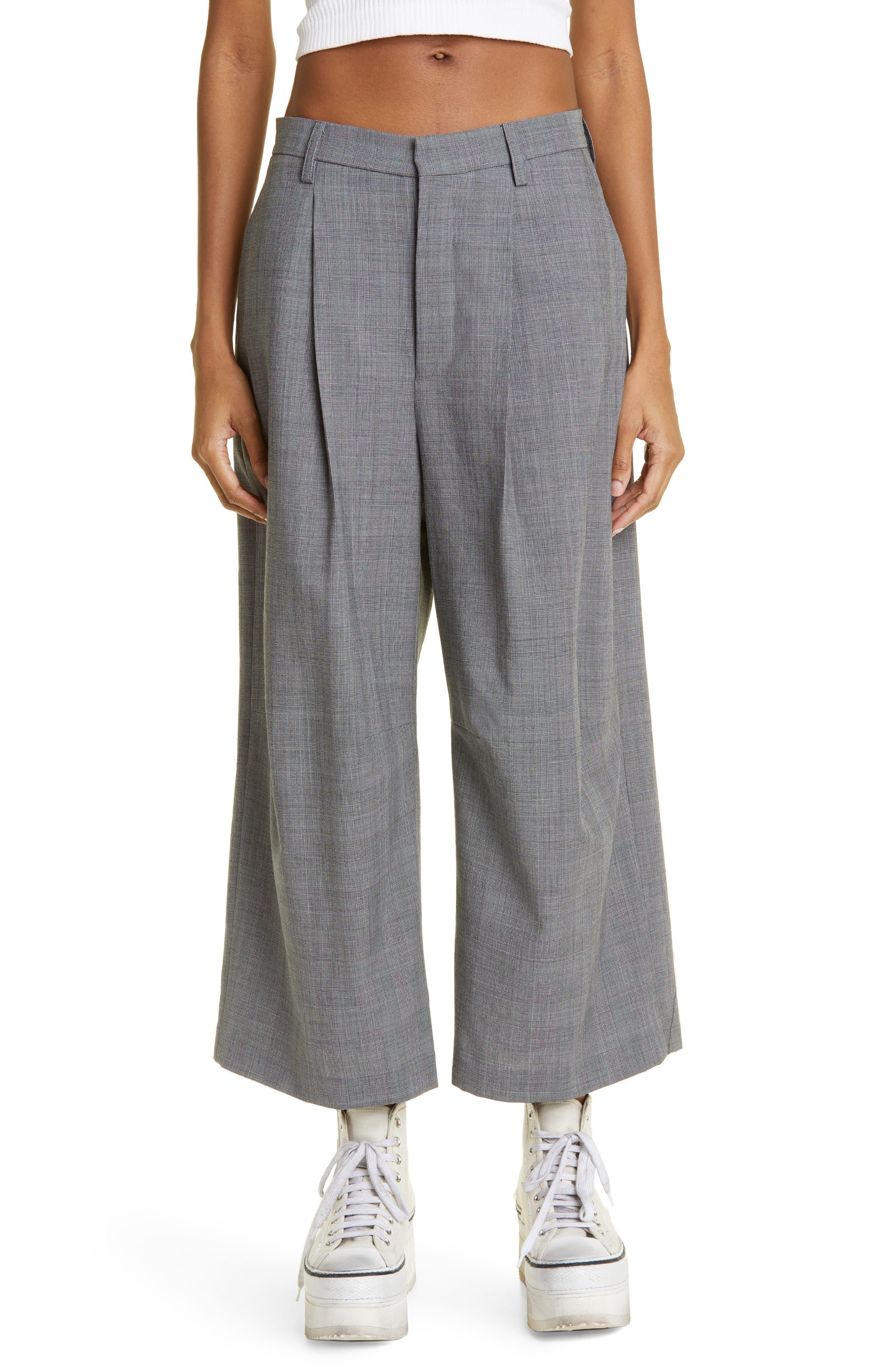 R13 Glen Plaid Articulated Knee Wide Leg Crop Pants in Gray Lyst