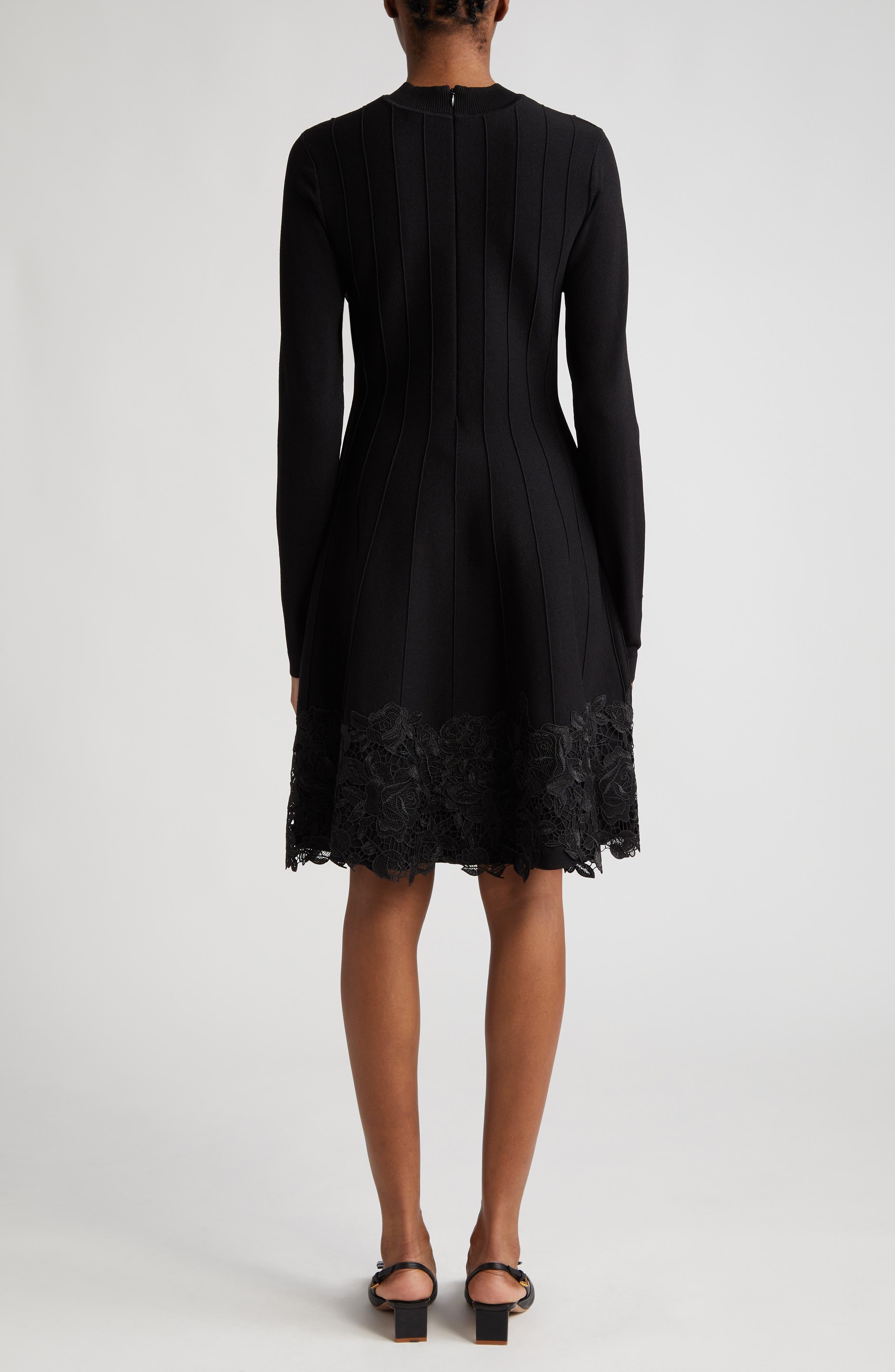 Lela Rose Georgia Lace Detail Long Sleeve Sweater Dress in Black
