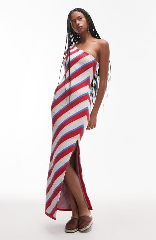 topshop knit maxi dress with scoop back in multi stripe TOPSHOP Stripe Knit One-Shoulder Maxi Dress in Red