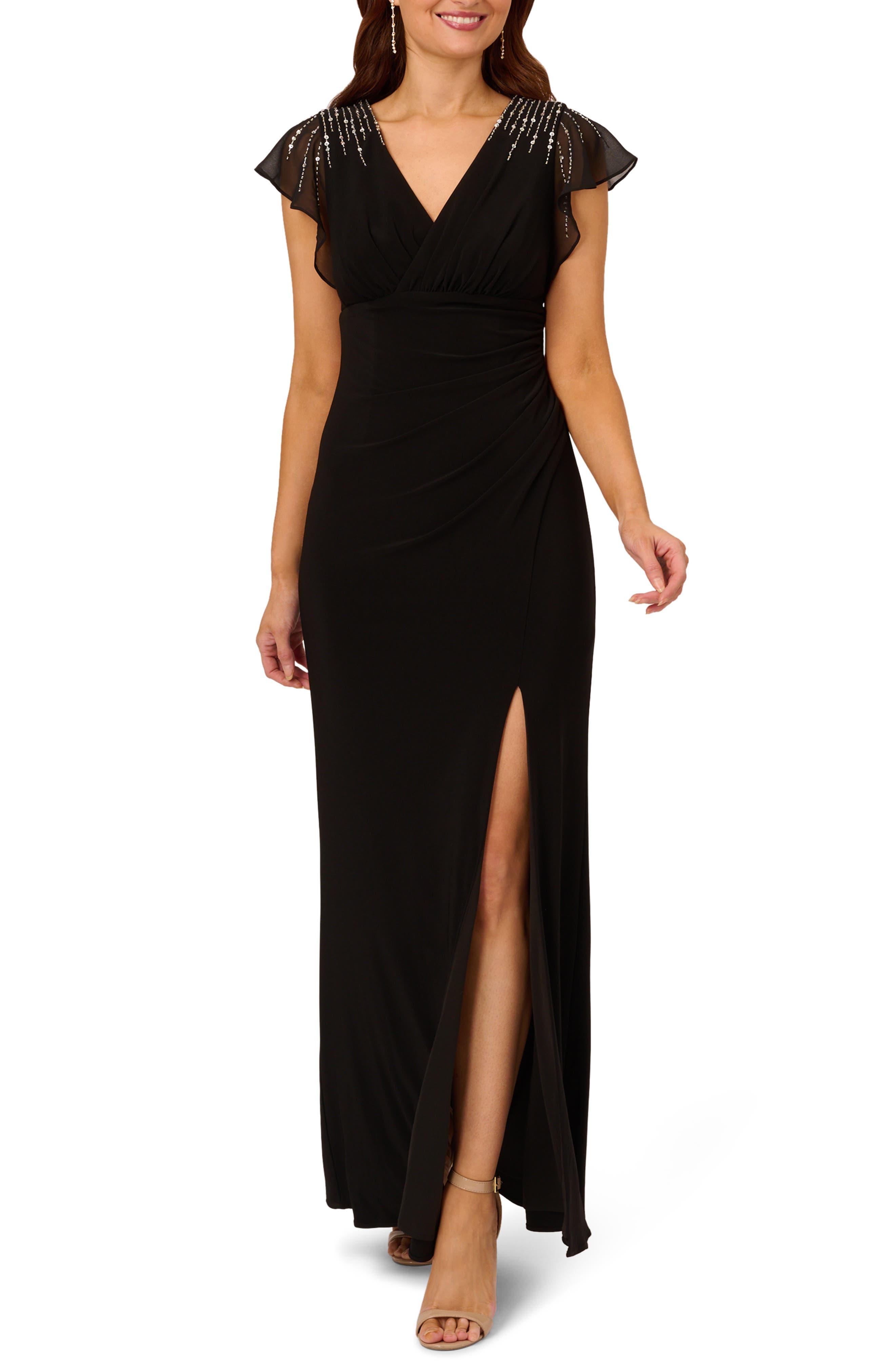 Adrianna Papell Beaded Jersey & Chiffon Faux Wrap Gown in Black | Lyst