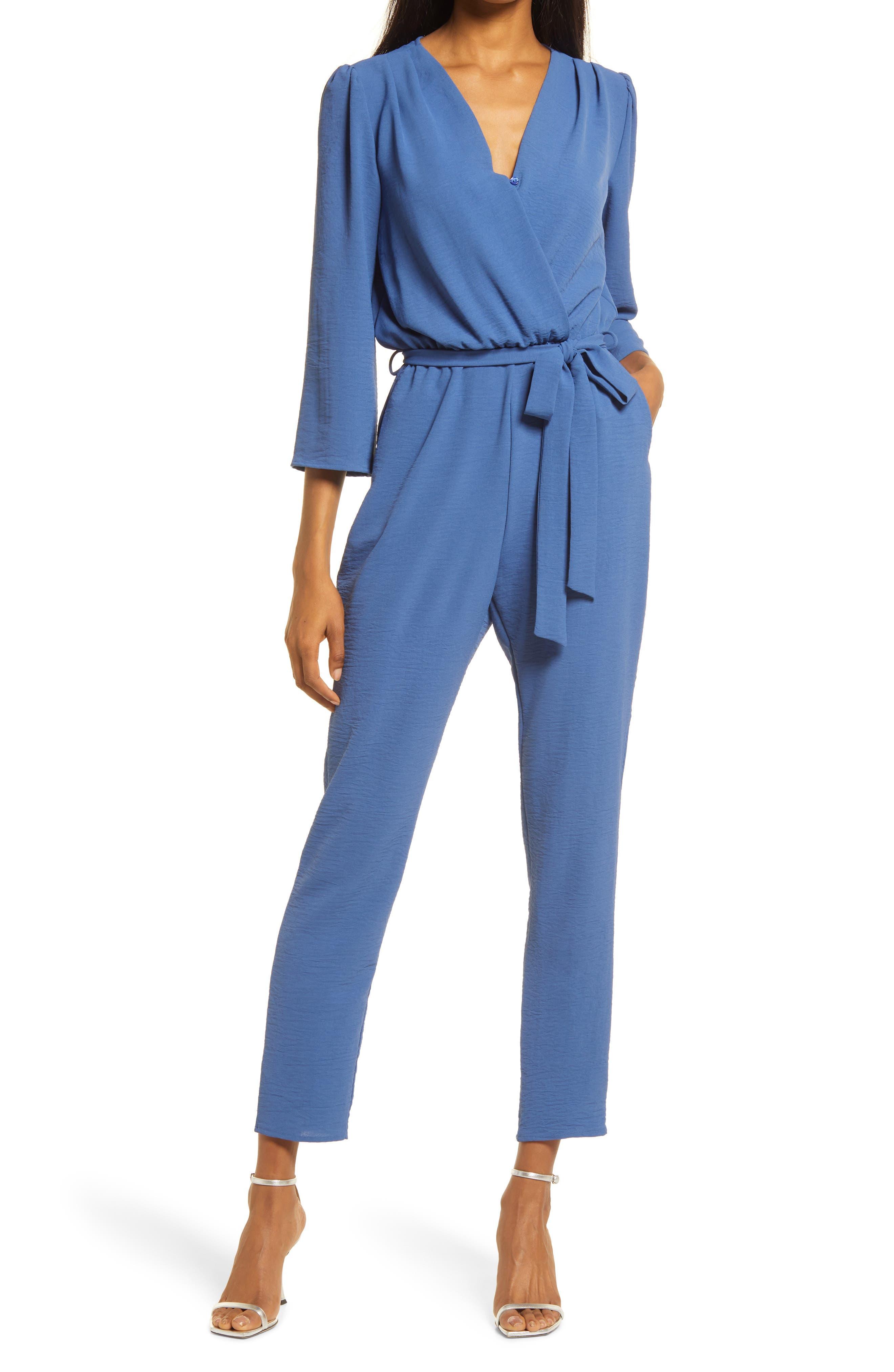 Fraiche By J Long Sleeve Belted Jumpsuit in Blue Lyst