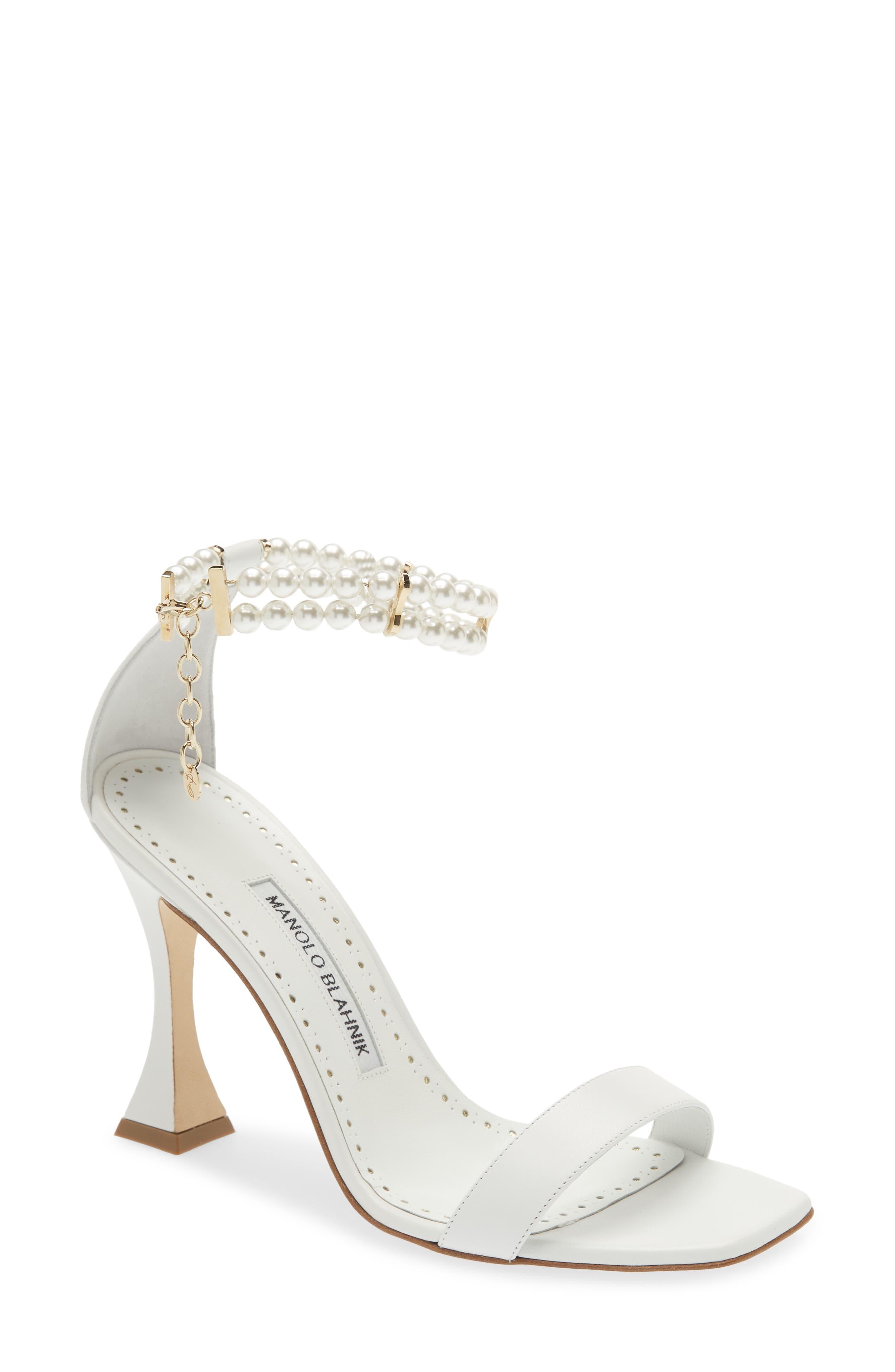 Manolo Blahnik Charona Imitation Pearl Ankle Strap Sandal in White | Lyst