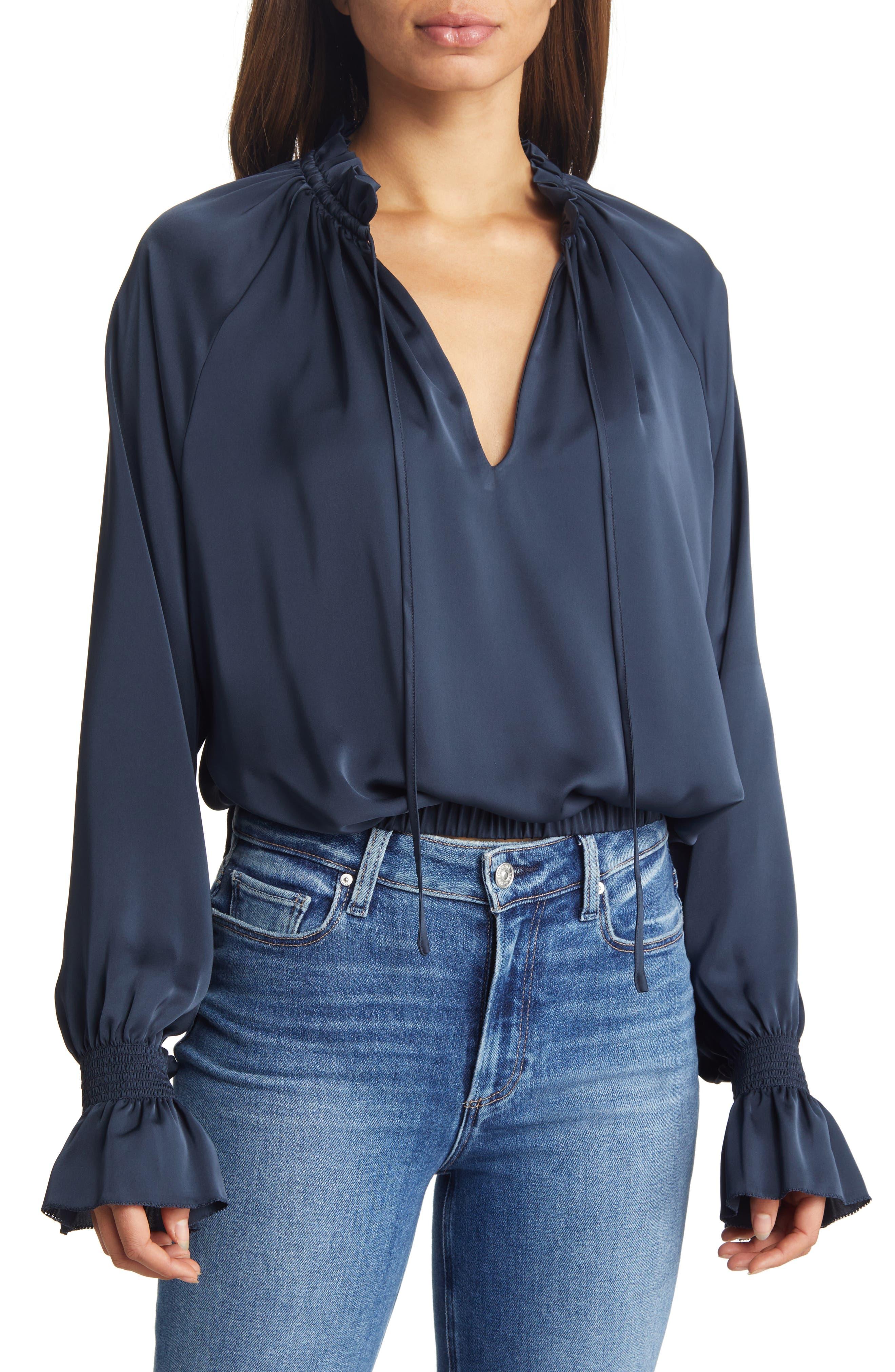 Ramy Brook Bethany Long Sleeve Satin Blouse in Blue Lyst