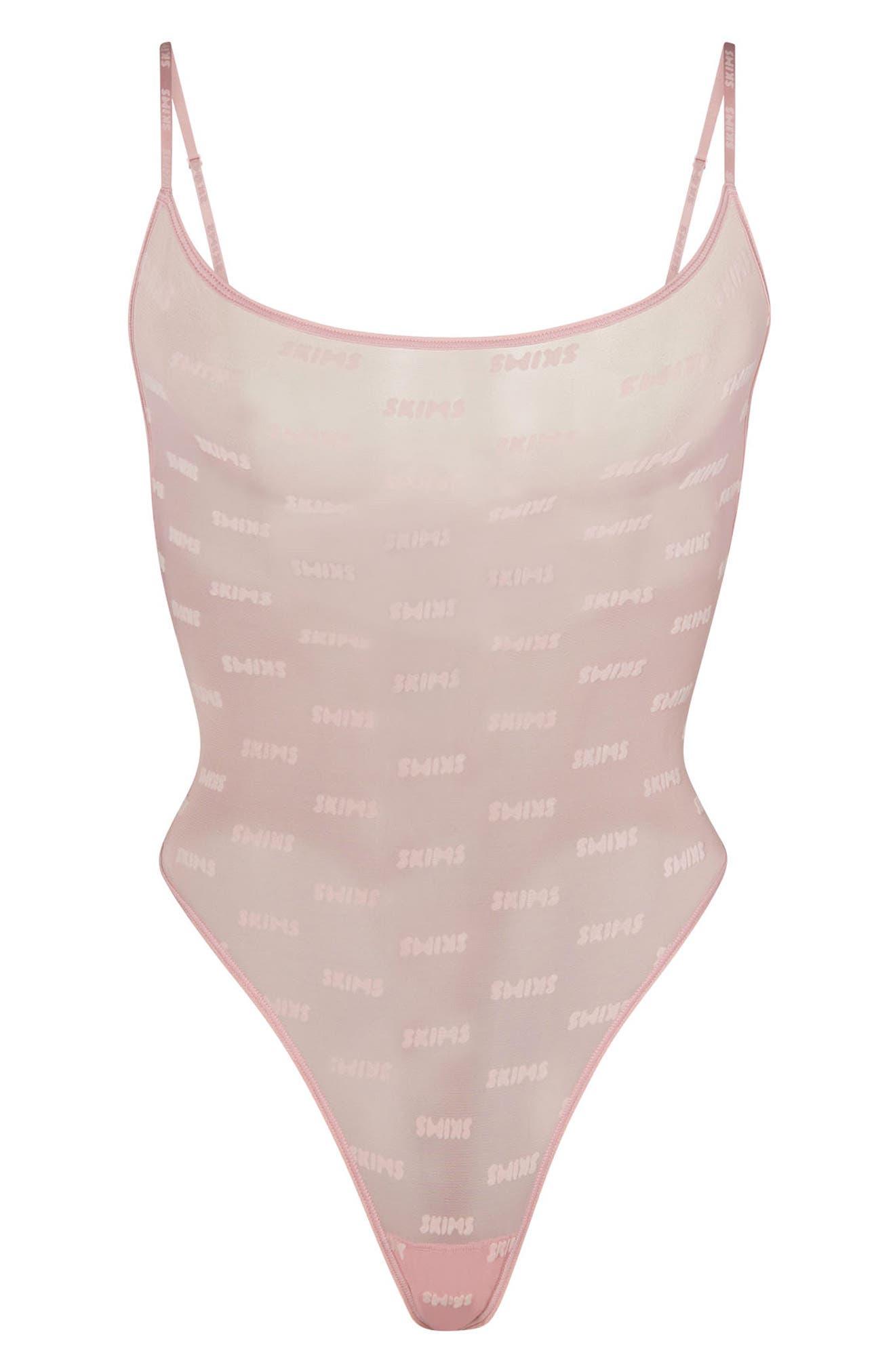 Skims Flocked Logo Mesh Bodysuit in Pink | Lyst