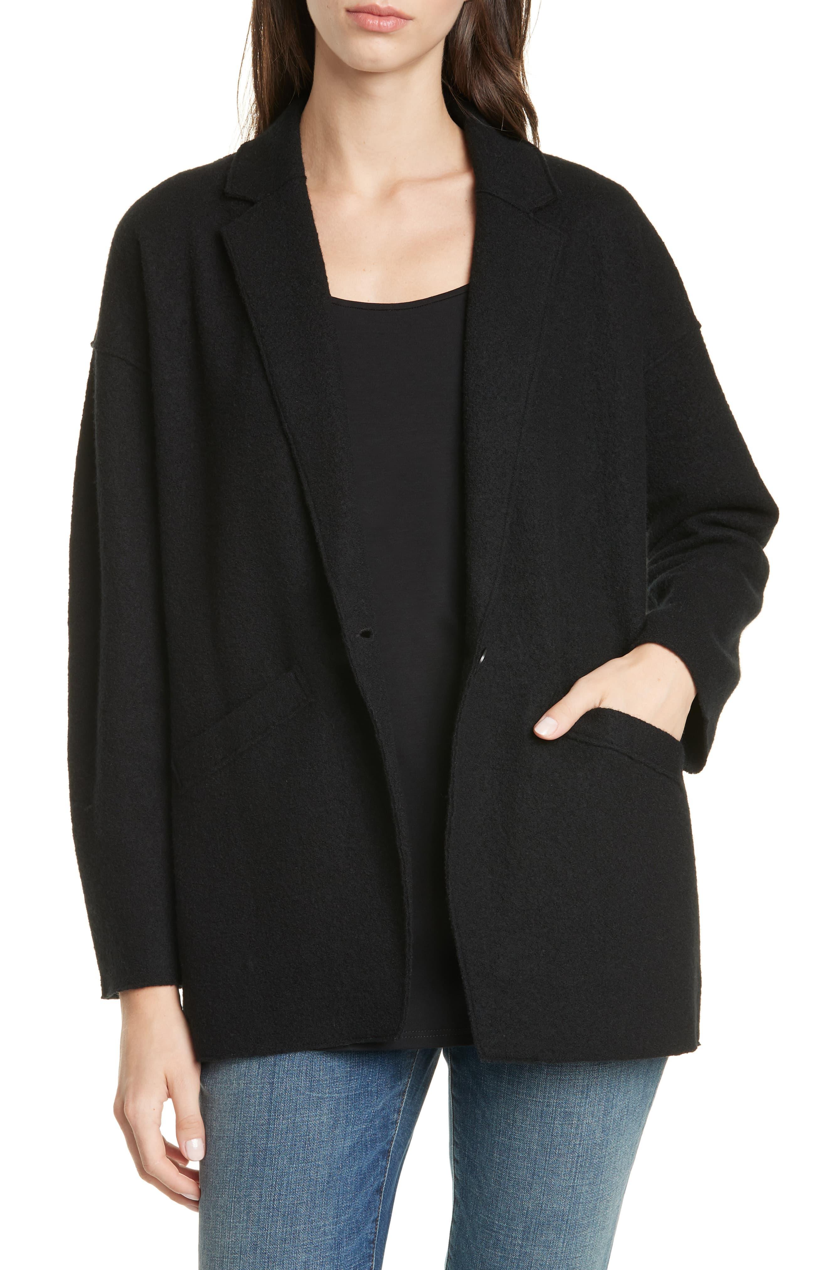 Eileen Fisher Notched Collar Oversize Wool Jacket in Black Lyst