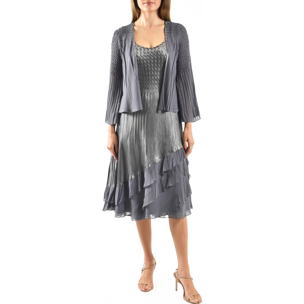 Komarov Tiered Charmeuse & Chiffon Cocktail Dress With Jacket in Gray | Lyst