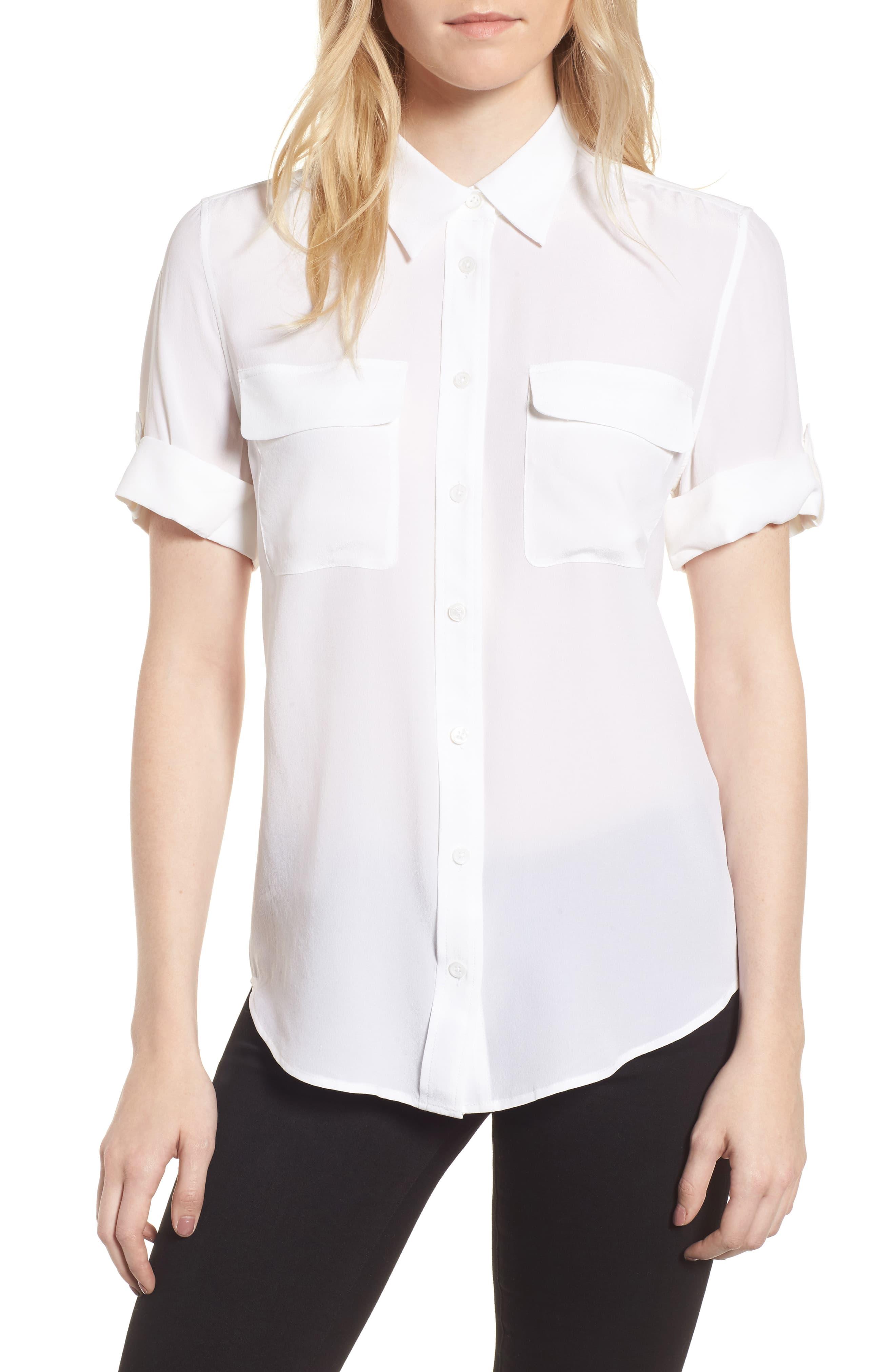 Equipment Slim Signature Short Sleeve Silk Shirt in Bright White (White