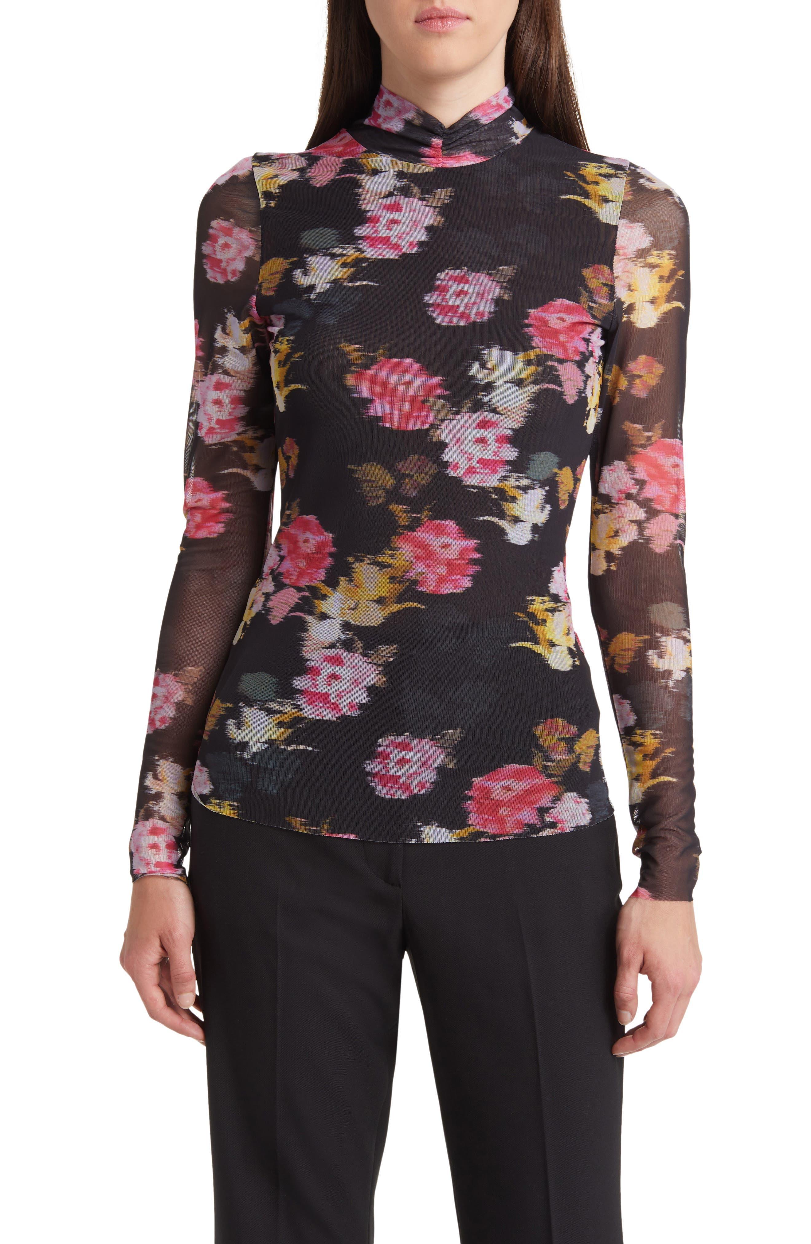 Ted Baker Malyel Floral Mesh Turtleneck Top in Red | Lyst
