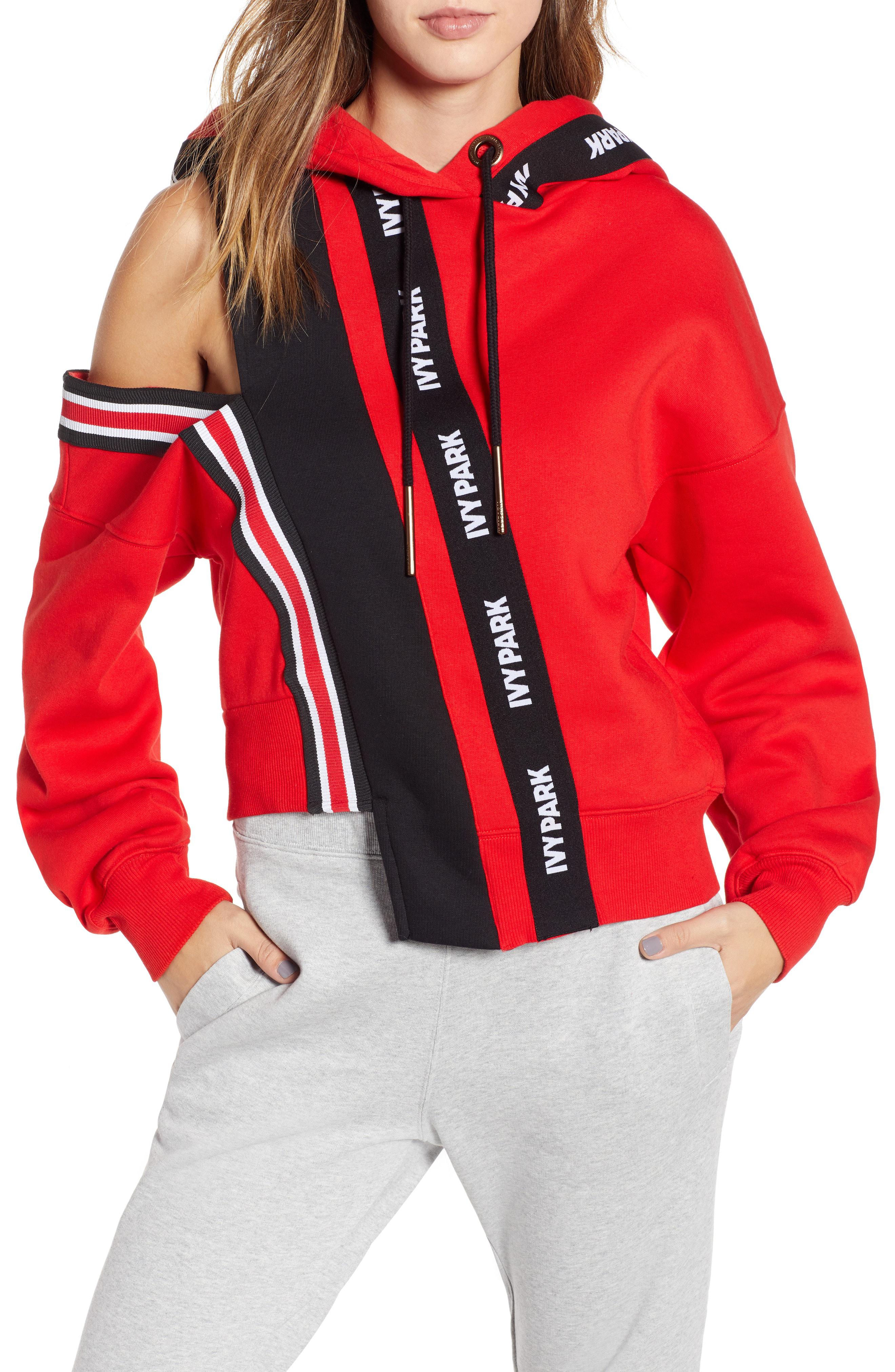 Ivy Park Spliced Stripe Cutout Hoodie In Red | Lyst