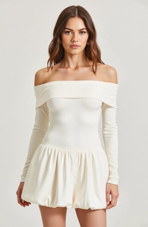 strapless open back dress Off Shoulder Faux Fur Trim Mini Dress | Long Sleeve Holiday Party Dress main image 0