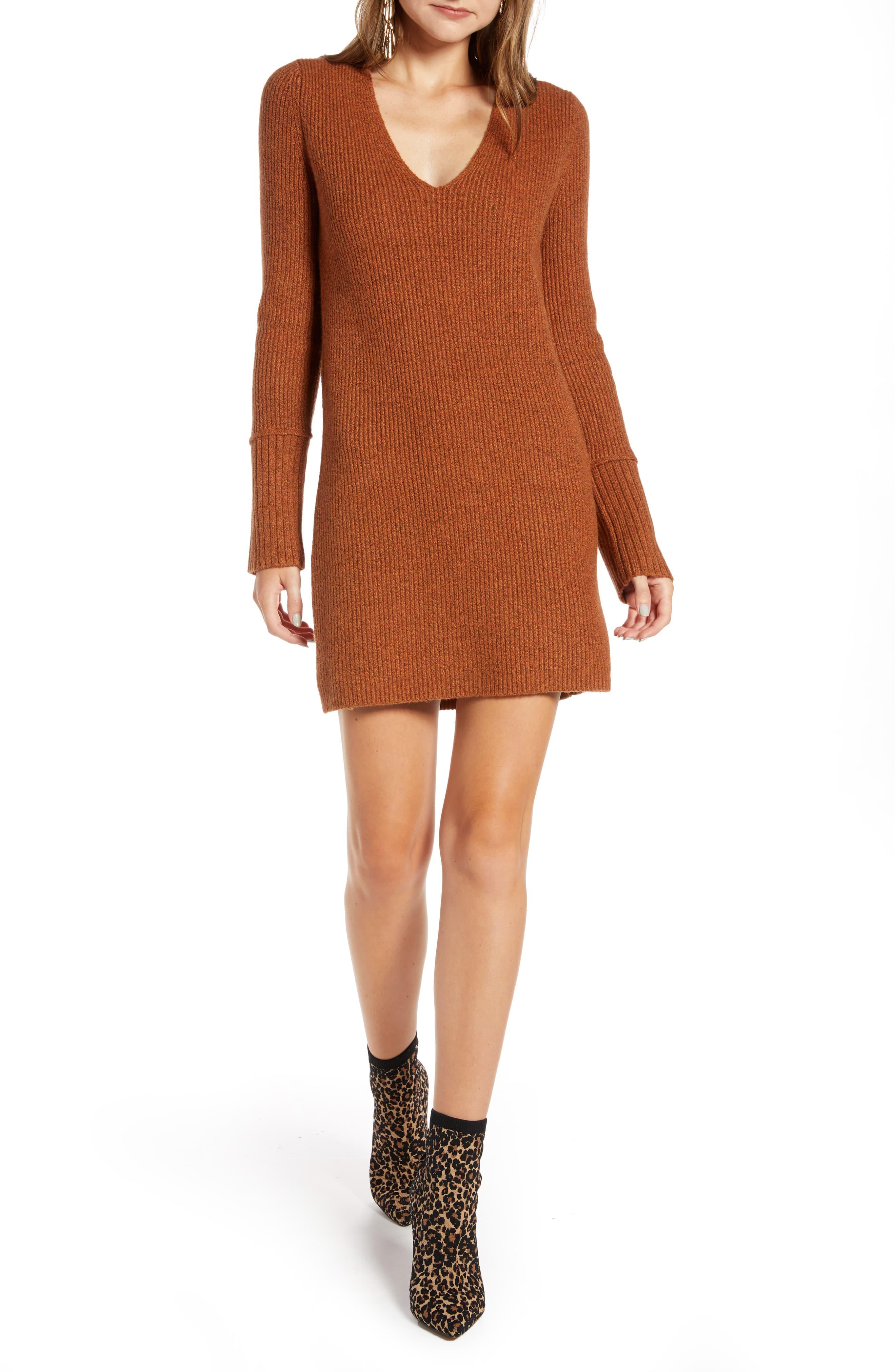 Something Navy Fitted Long Sleeve Tunic Sweater Dress In Rust