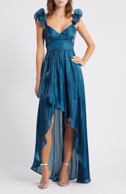 blue marine ruffled silk long dress Blue Floral V-Neck Ruffle Maxi Dress