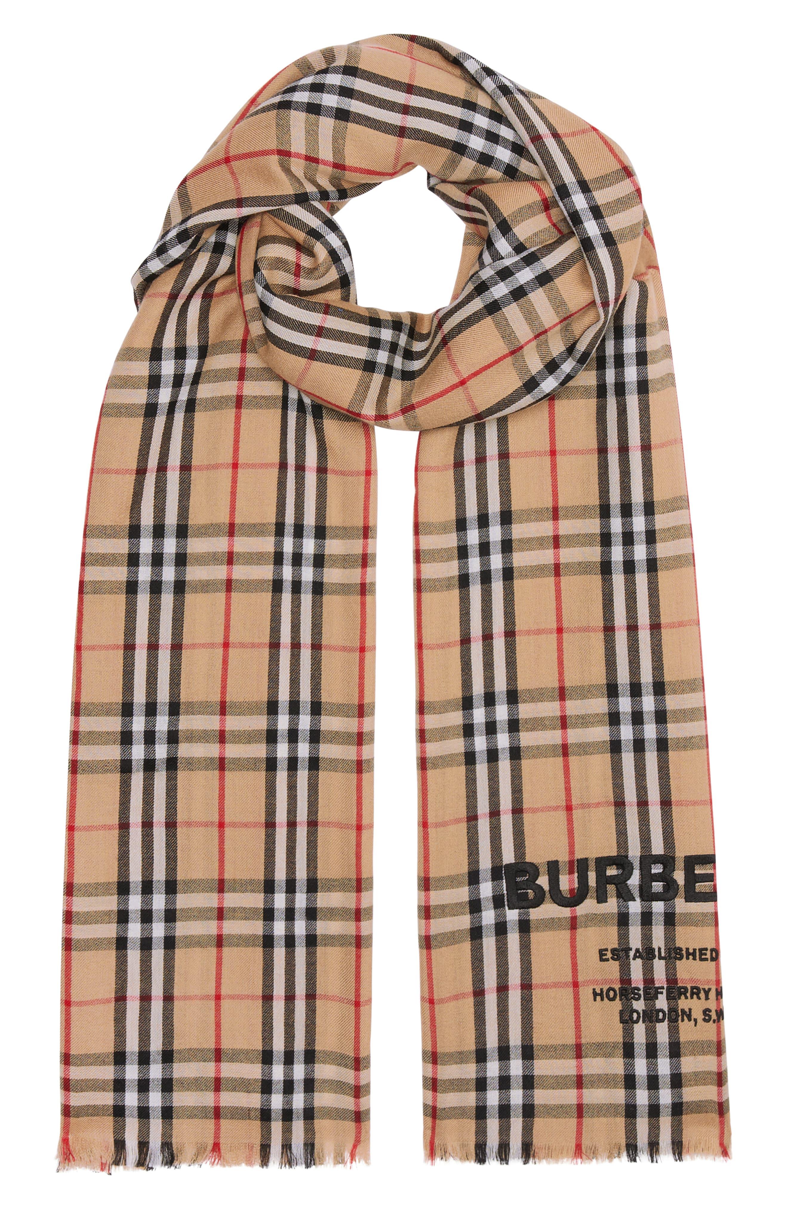 Burberry Embroidered Vintage Check Lightweight Cashmere Scarf | Lyst
