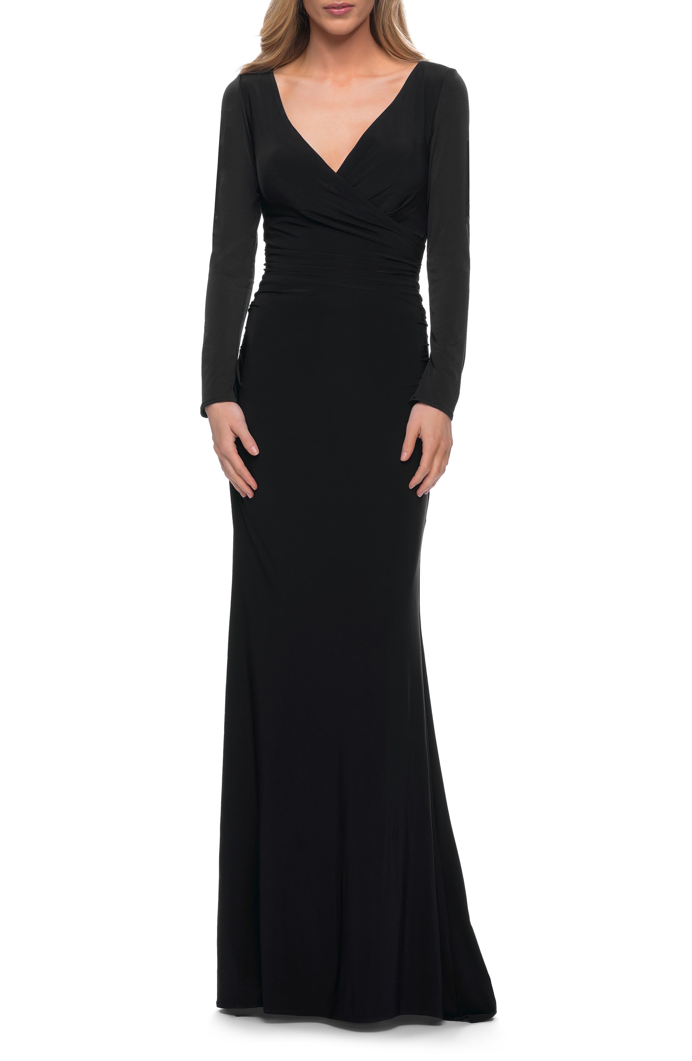 La Femme Long Sleeve Ruched Jersey Gown in Black | Lyst