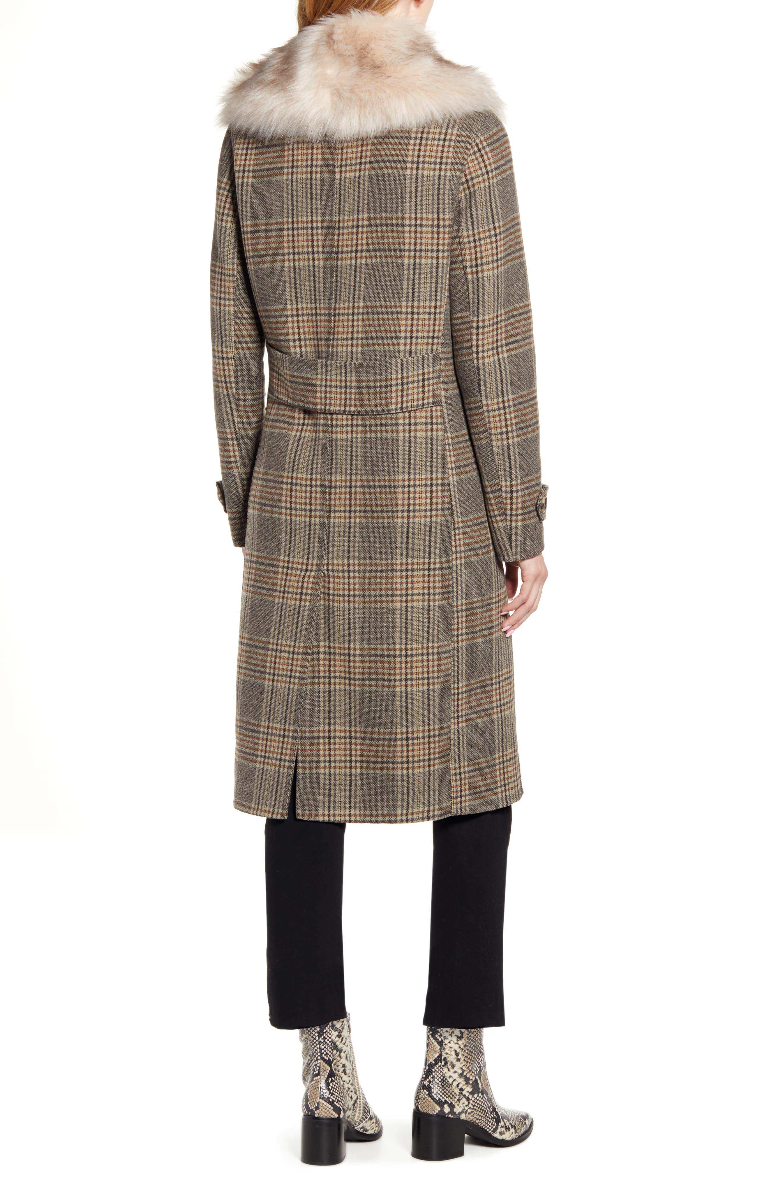 Kenneth Cole Plaid Wool Blend Coat With Removable Faux Fur Collar in ...