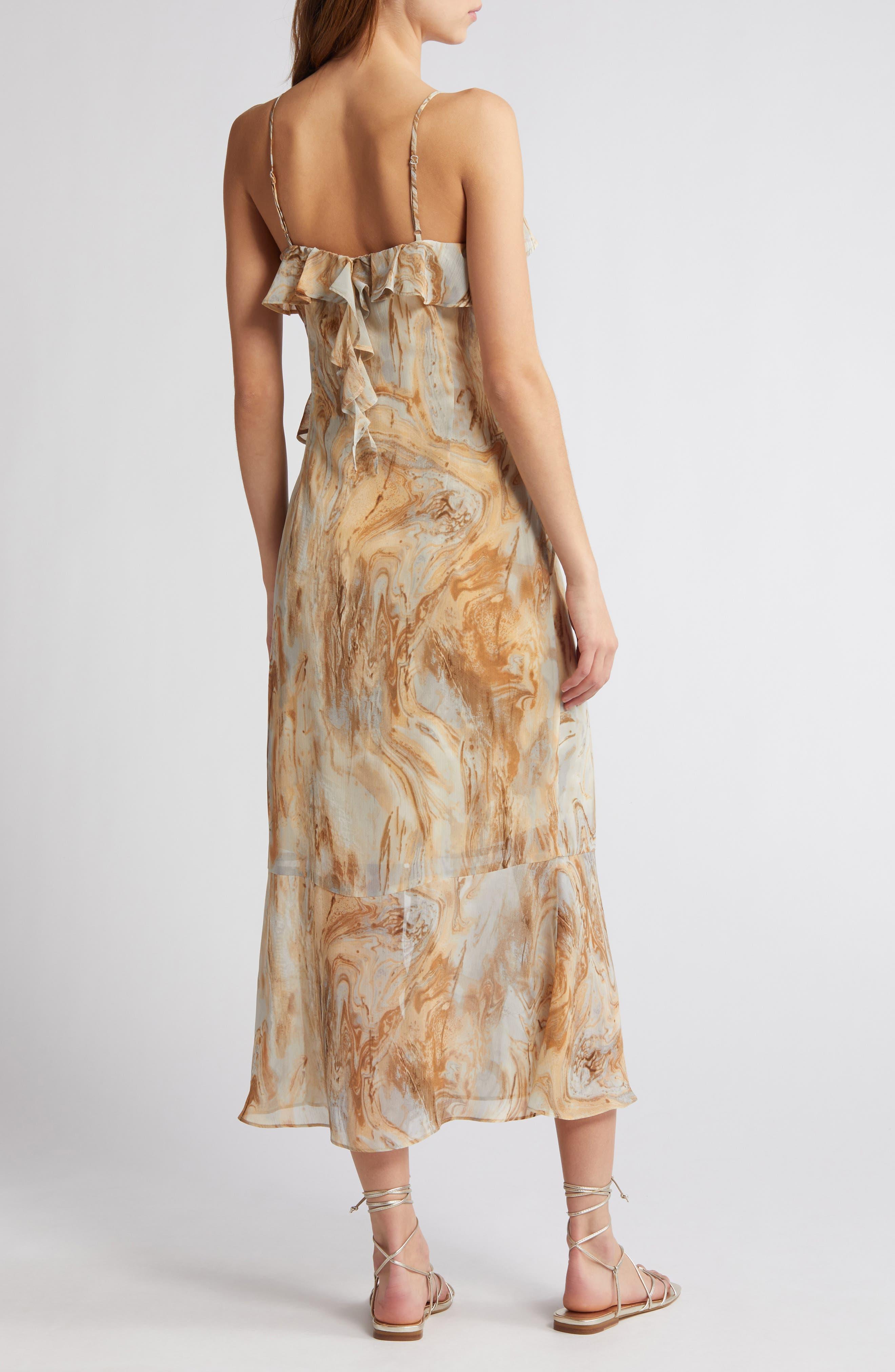 Abstract Marble Print Satin Asymmetrical Hem Maxi Slip Dress | Express