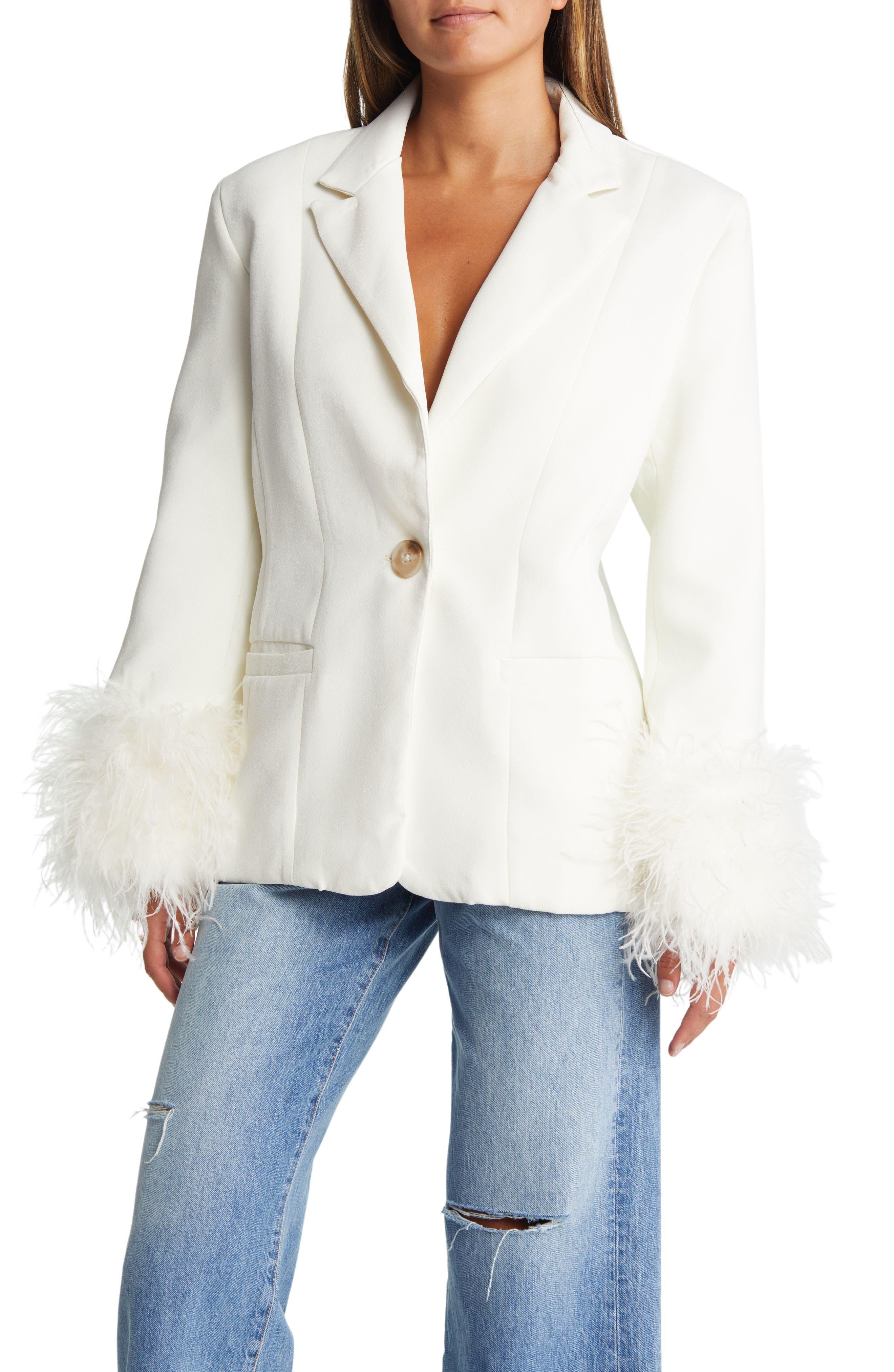 House Of Cb Feather Trim Oversize Crepe Blazer in White Lyst
