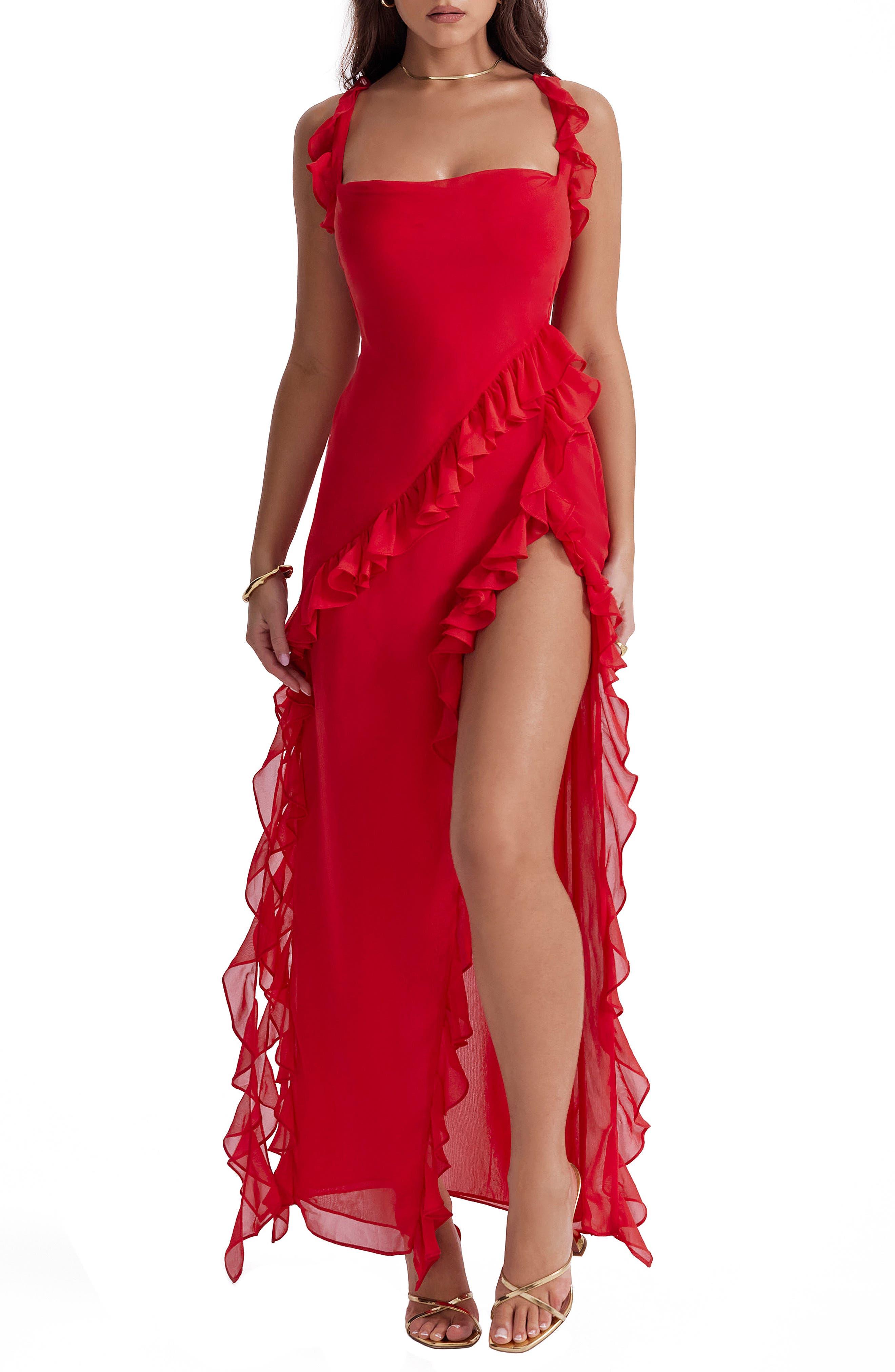 House Of Cb Ariela Ruffle Side Slit Gown in Red | Lyst