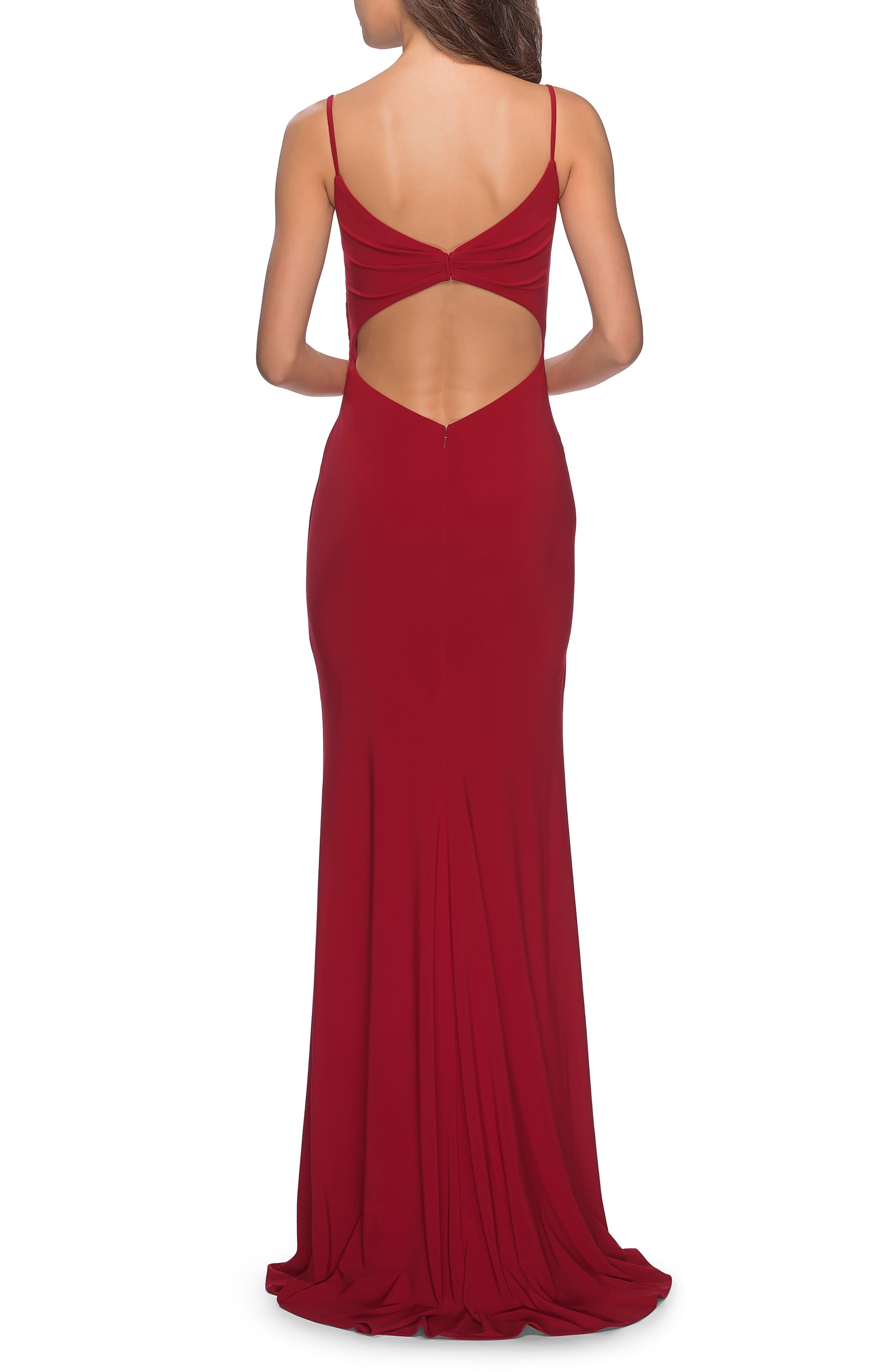 la femme strapless ruched soft jersey gown