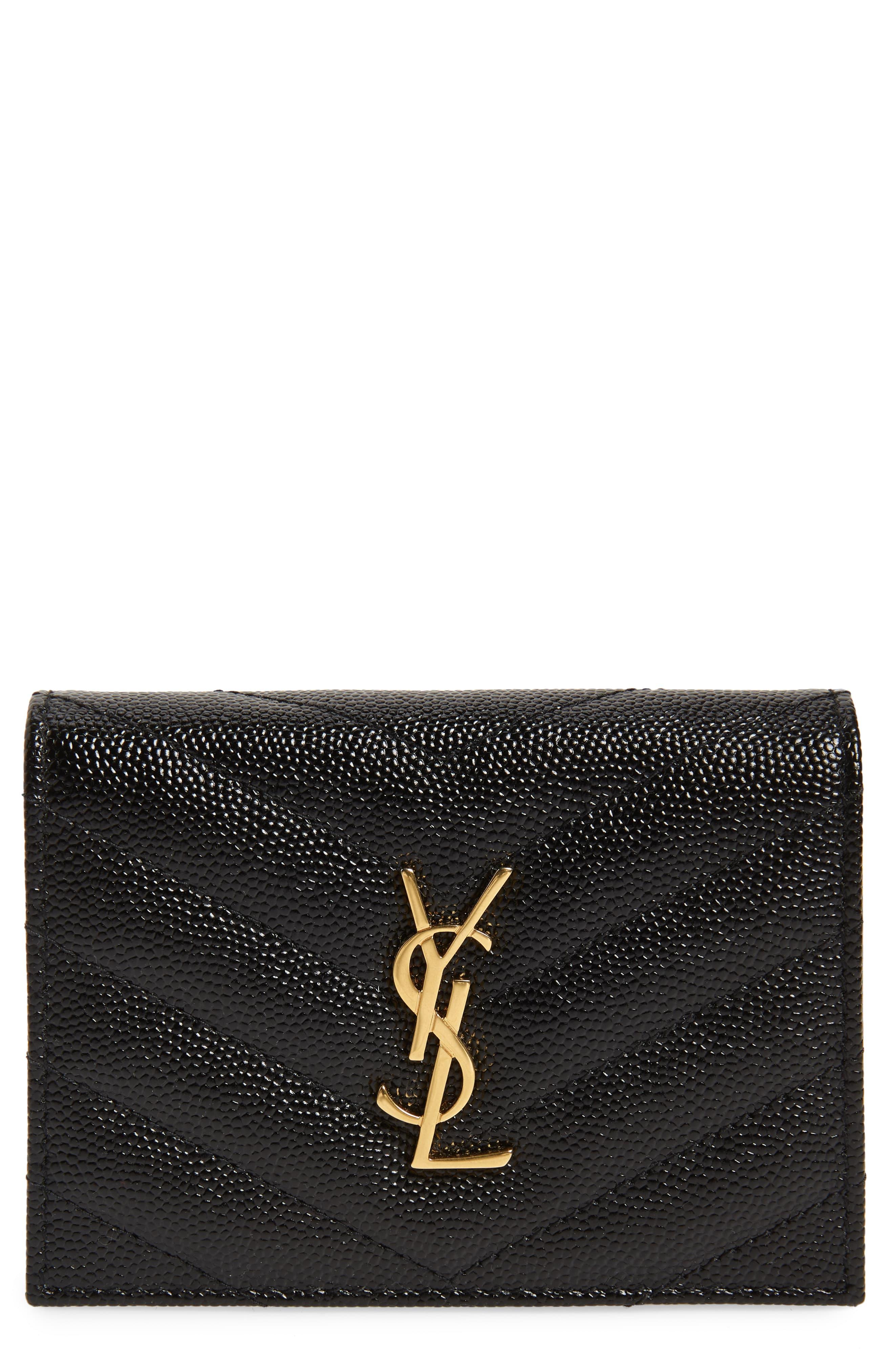 Saint Laurent Monogram Quilted Leather Leather Flap Card Case in Black