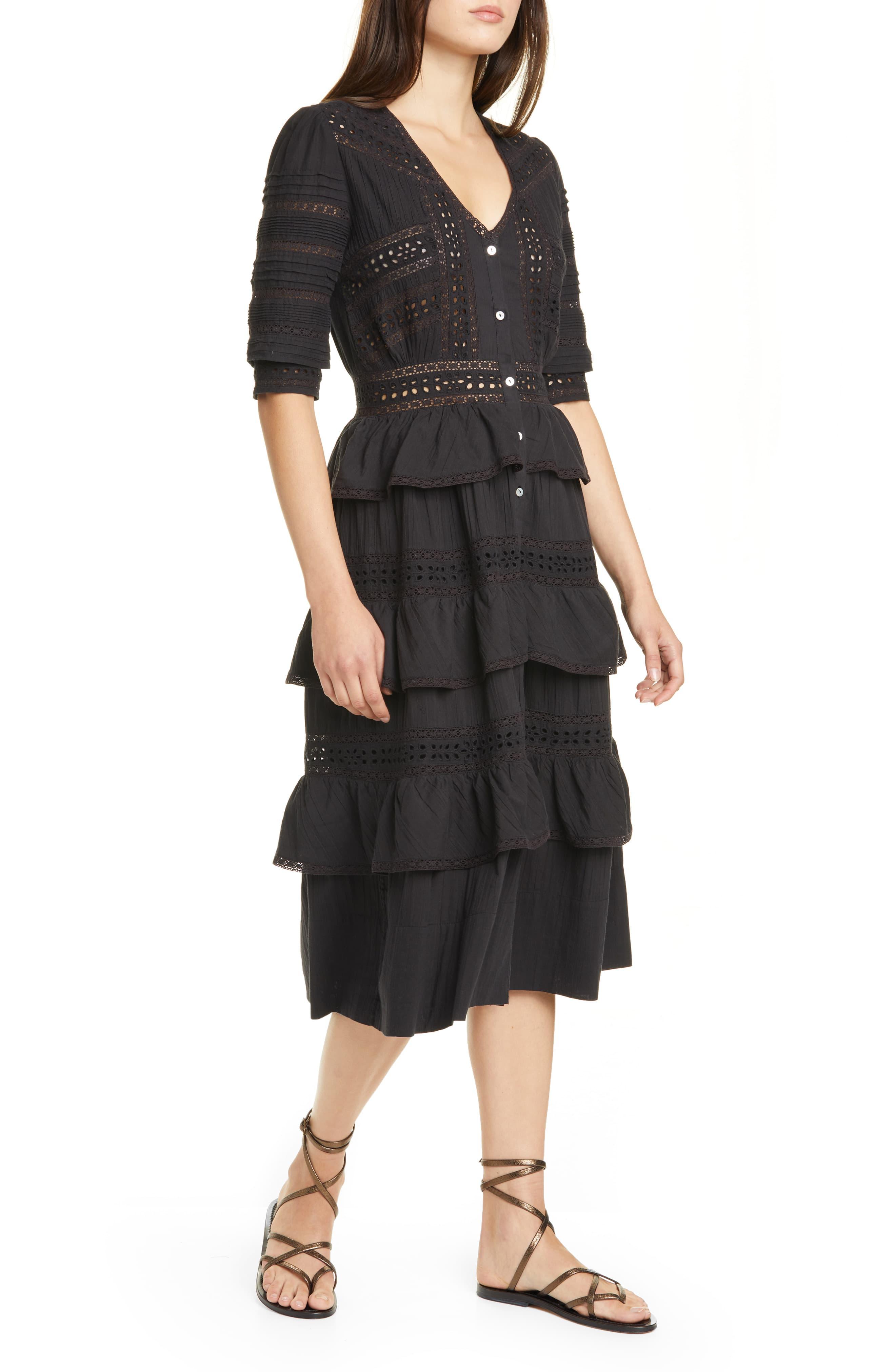 LoveShackFancy Rebecca Tiered Cotton Eyelet Midi Dress in Black - Lyst