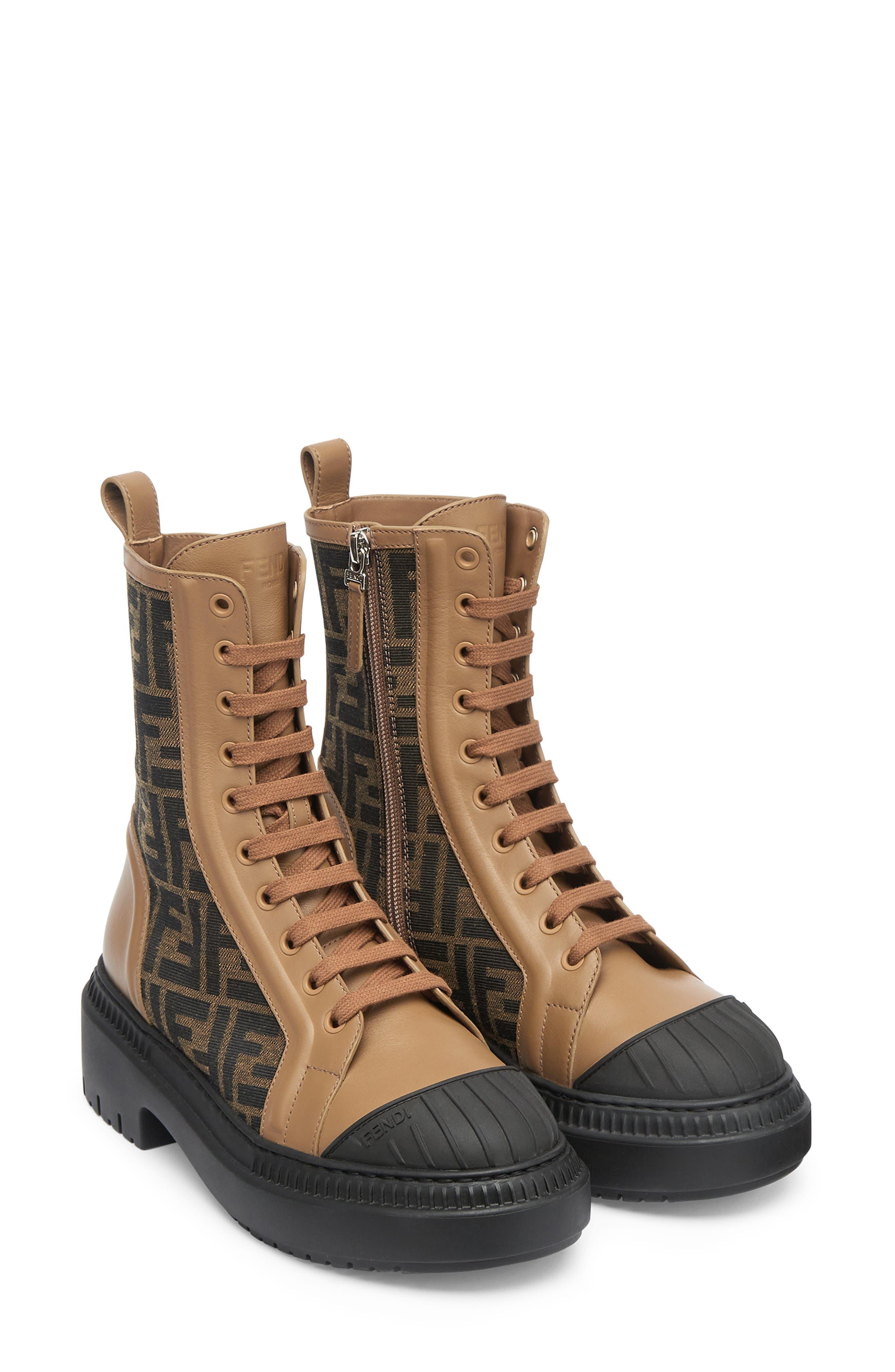 Fendi Leather Ff Domino Cap Toe Combat Boot in Brown Lyst